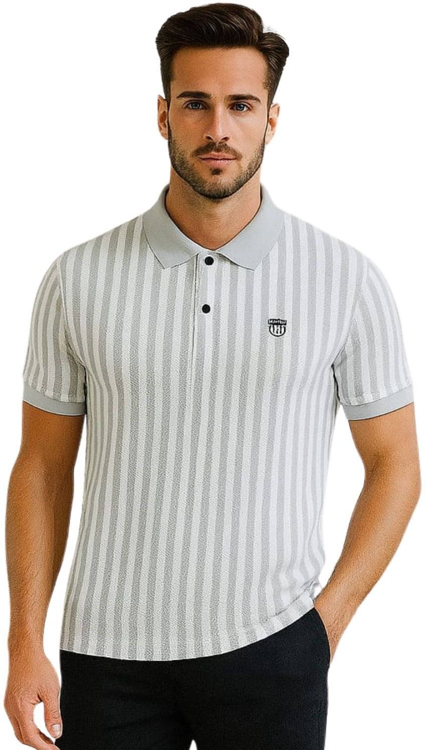     			WILD ELEPHANT Men Polyester Regular Fit Striped Polo T Shirt ( Grey )