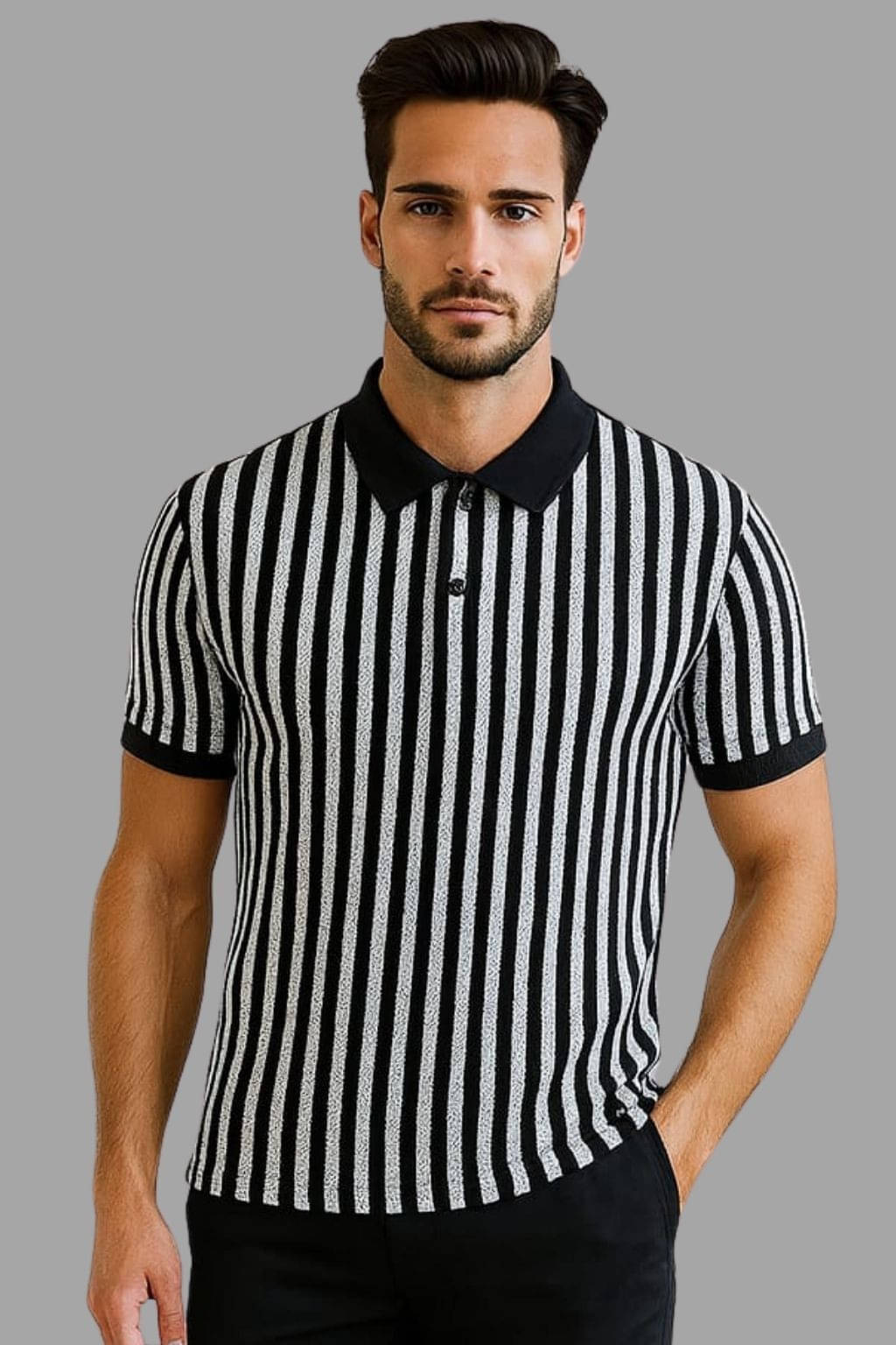     			WILD ELEPHANT Men Polyester Regular Fit Striped Polo T Shirt ( Black )