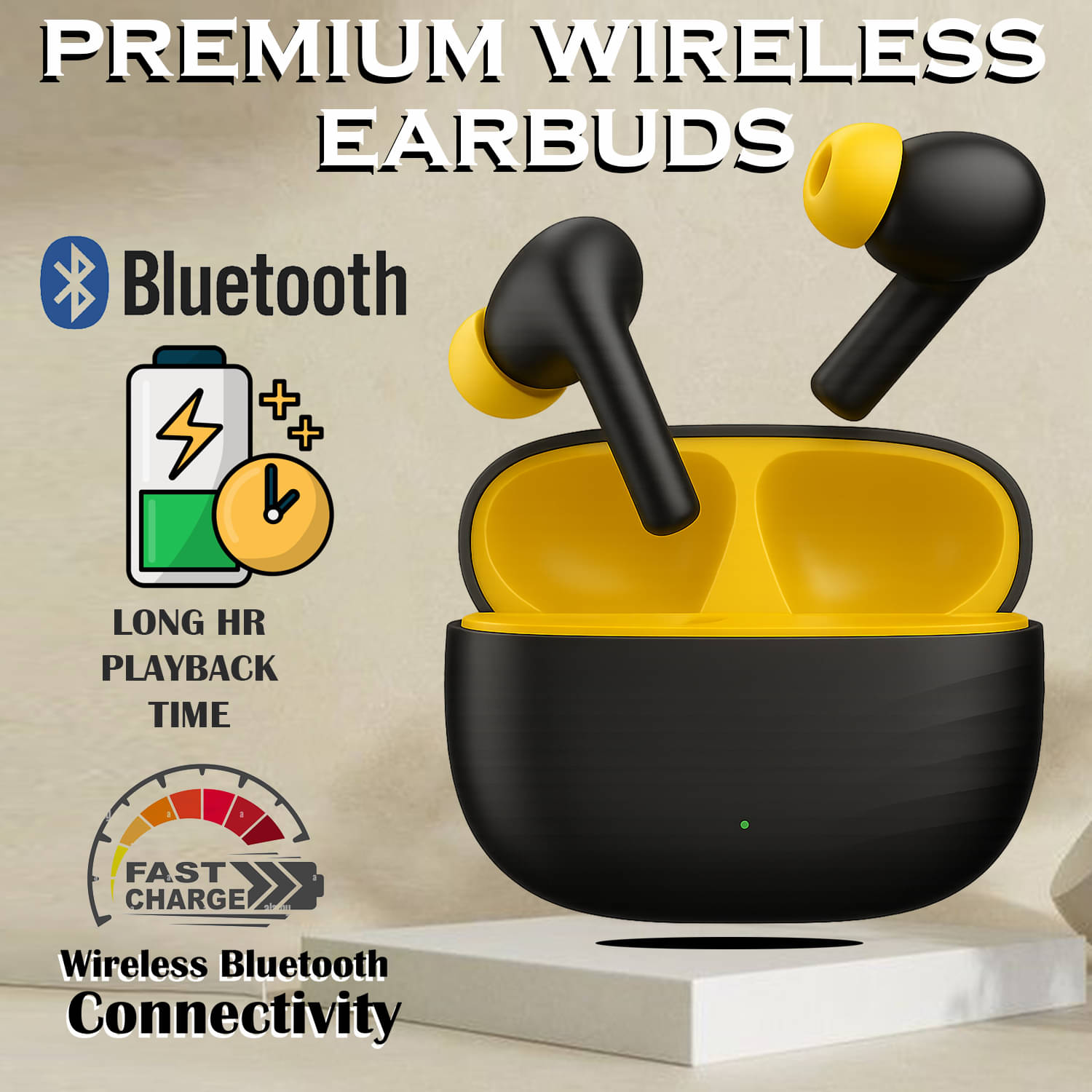     			"Wireless Bluetooth Earbuds with Deep Bass, Fast Charging Case, Touch Control & Voice Assistant | Stylish Black & Yellow Design for Music, Calls, Gaming, Workout & Travel"