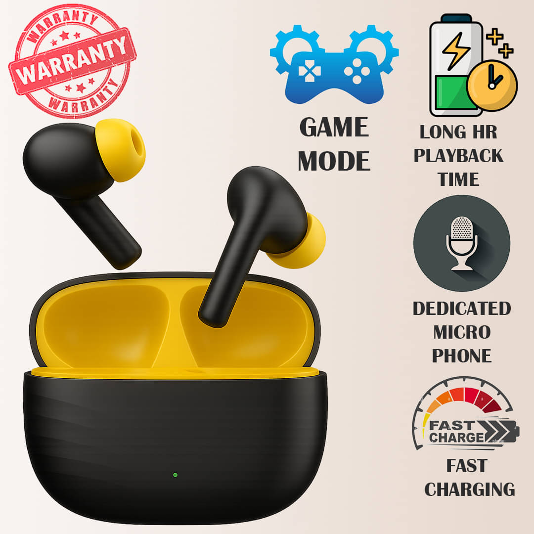     			"Wireless Bluetooth Earbuds with Deep Bass, Fast Charging Case, Touch Control & Voice Assistant | Stylish Black & Yellow Design for Music, Calls, Gaming, Workout & Travel"