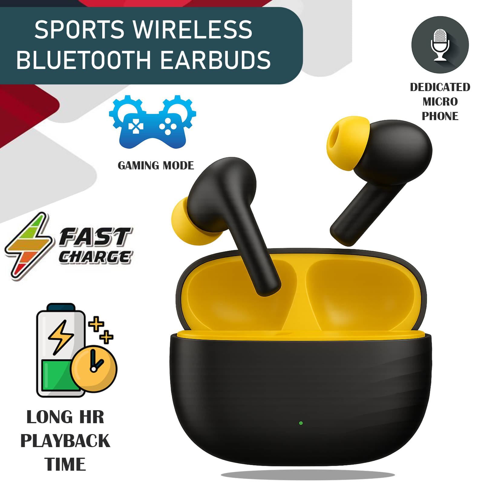     			"Wireless Bluetooth Earbuds with Deep Bass, Fast Charging Case, Touch Control & Voice Assistant | Stylish Black & Yellow Design for Music, Calls, Gaming, Workout & Travel"