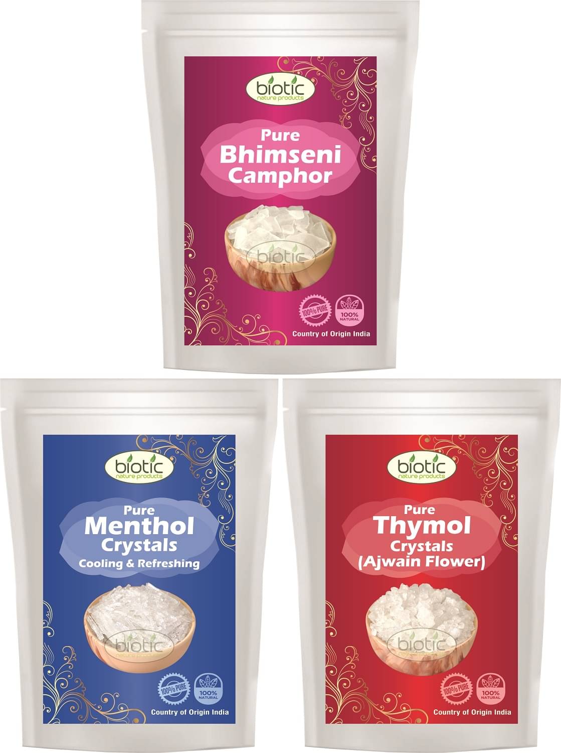 Biotic Menthol Crystals, Thymol Crystals and Bhimseni Kapoor Original 50g Each (150g), Sat Ajwain Sat Pudina Sar Kapoor, Pudina Puvvu Vamu Puvvu Pacha Karpuram - 150gm Biotic Menthol Crystals, Thymol Crystals and Bhimseni Kapoor Original 50g Each (150g), Sat Ajwain Sat Pudina Sar Kapoor, Pudina Puvvu Vamu Puvvu Pacha Karpuram - 150gm