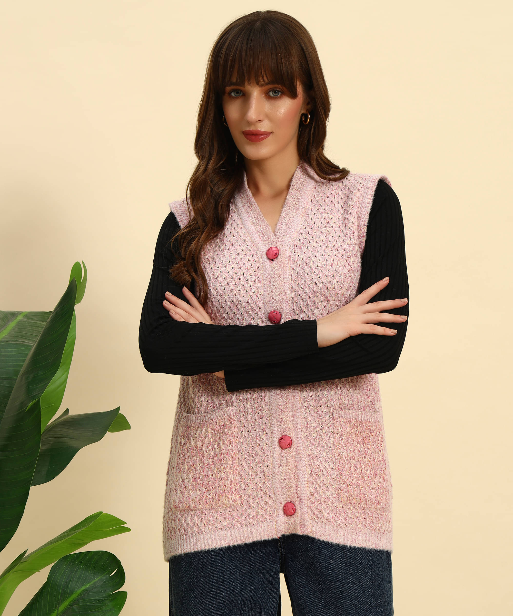 Canblar Woollen V Neck Women's Buttoned Cardigans - Pink ( Pack of 1 ) Canblar Woollen V Neck Women's Buttoned Cardigans - Pink ( Pack of 1 )