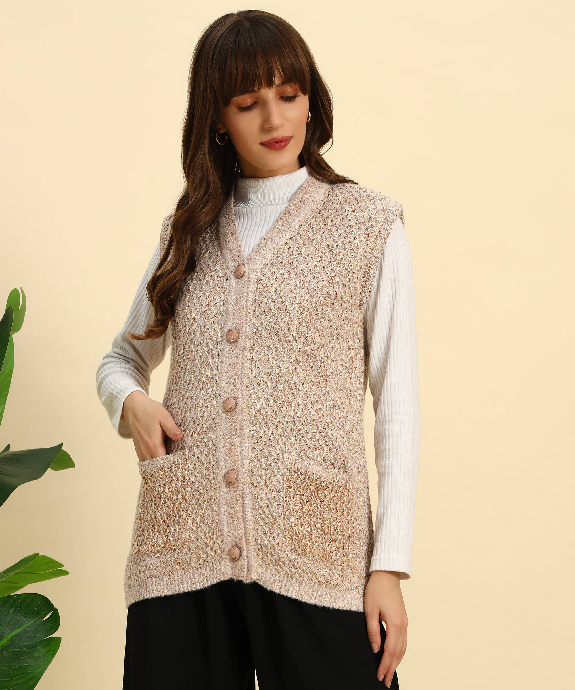     			Canblar Woollen V Neck Women's Buttoned Cardigans - Brown ( Pack of 1 )