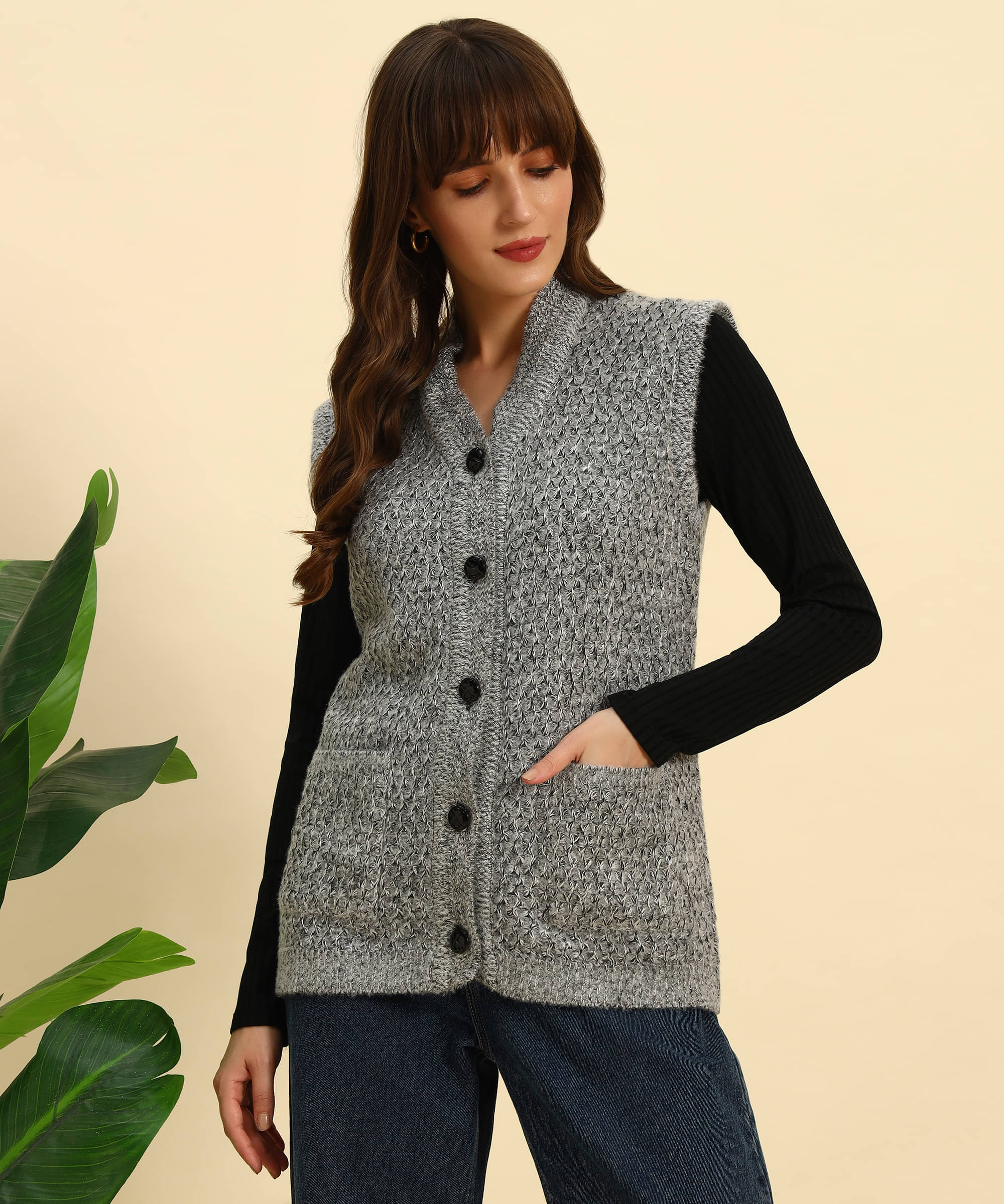     			Canblar Woollen V Neck Women's Buttoned Cardigans - Grey ( Pack of 1 )