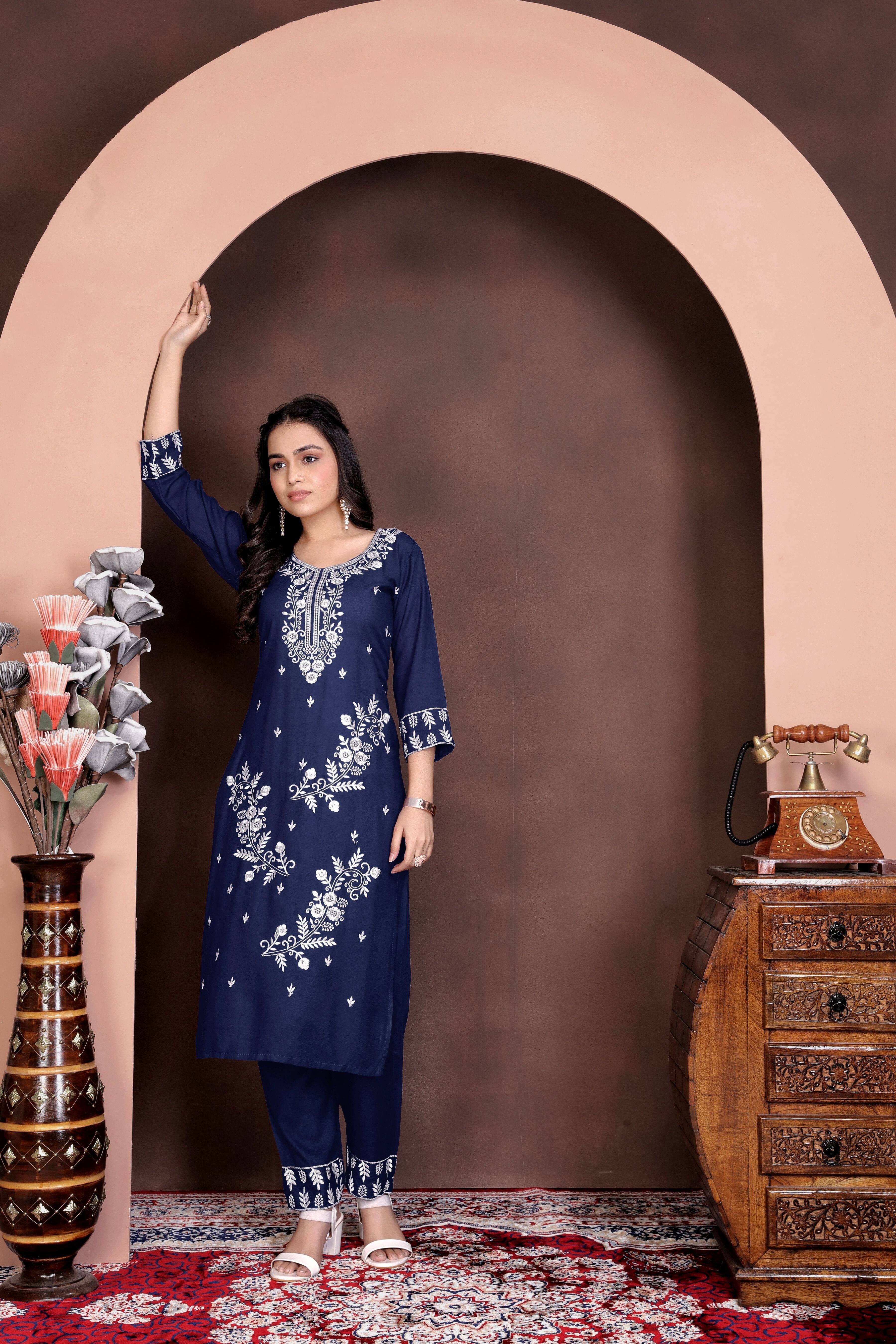     			FULPARI Women Viscose Embroidered A-line Kurti With Pants ( Blue )