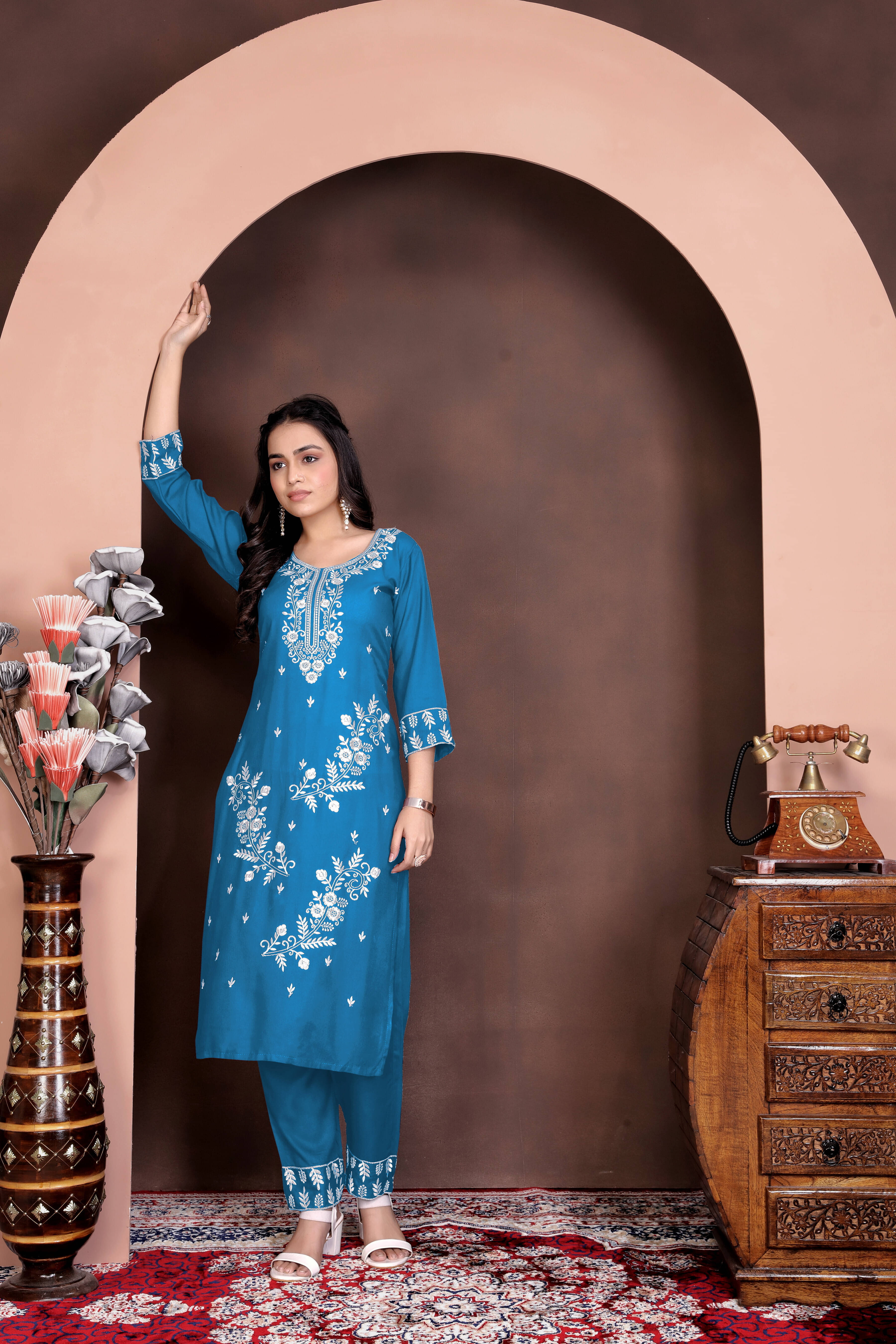     			FULPARI Women Viscose Embroidered A-line Kurti With Pants ( Light Blue )