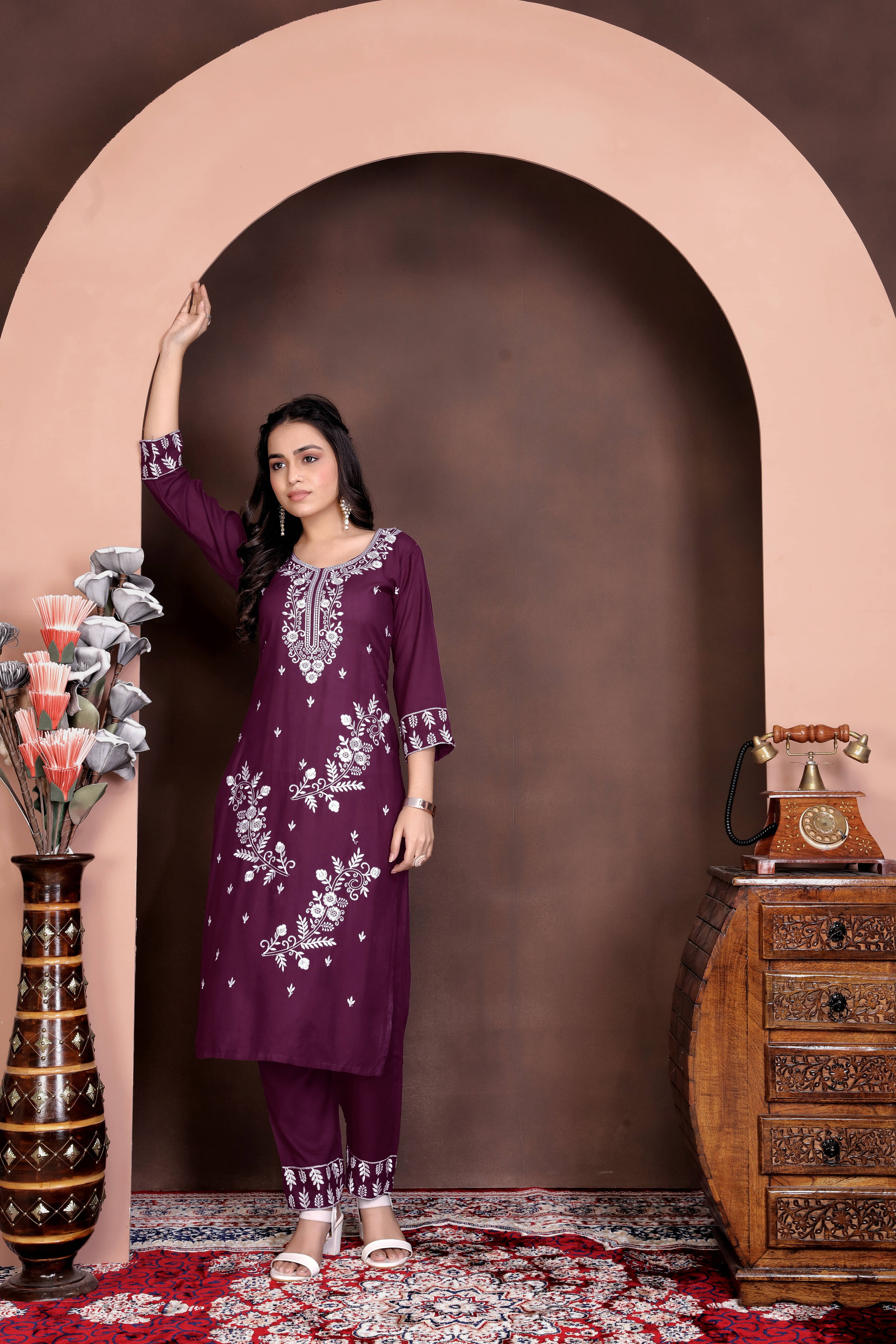     			FULPARI Women Viscose Embroidered A-line Kurti With Pants ( Purple )
