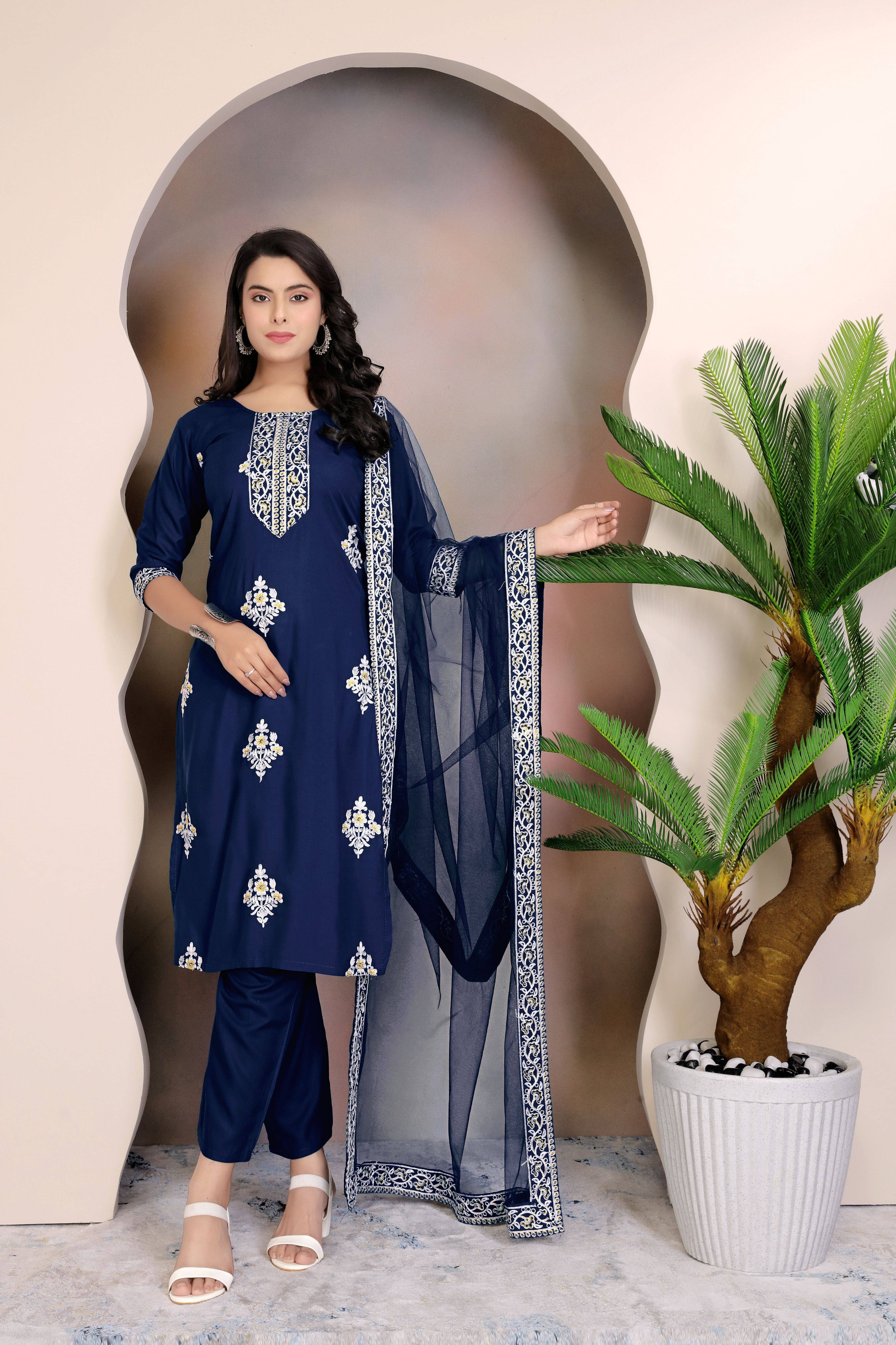     			FULPARI Women Viscose Embroidered A-line Kurti With Pants ( Navy Blue )