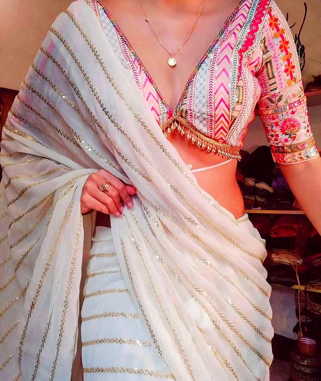 GALAXYSTUDIOS Georgette Embellished Bandhani Sarees With Unstitched Blouse Piece ( White ) GALAXYSTUDIOS Georgette Embellished Bandhani Sarees With Unstitched Blouse Piece ( White )