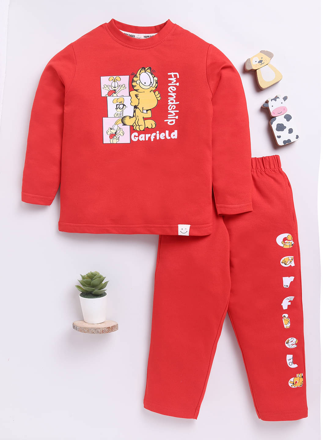     			HAPPY FACES Pack of 1 Boys Cotton T-Shirt & Pants Set ( Red )