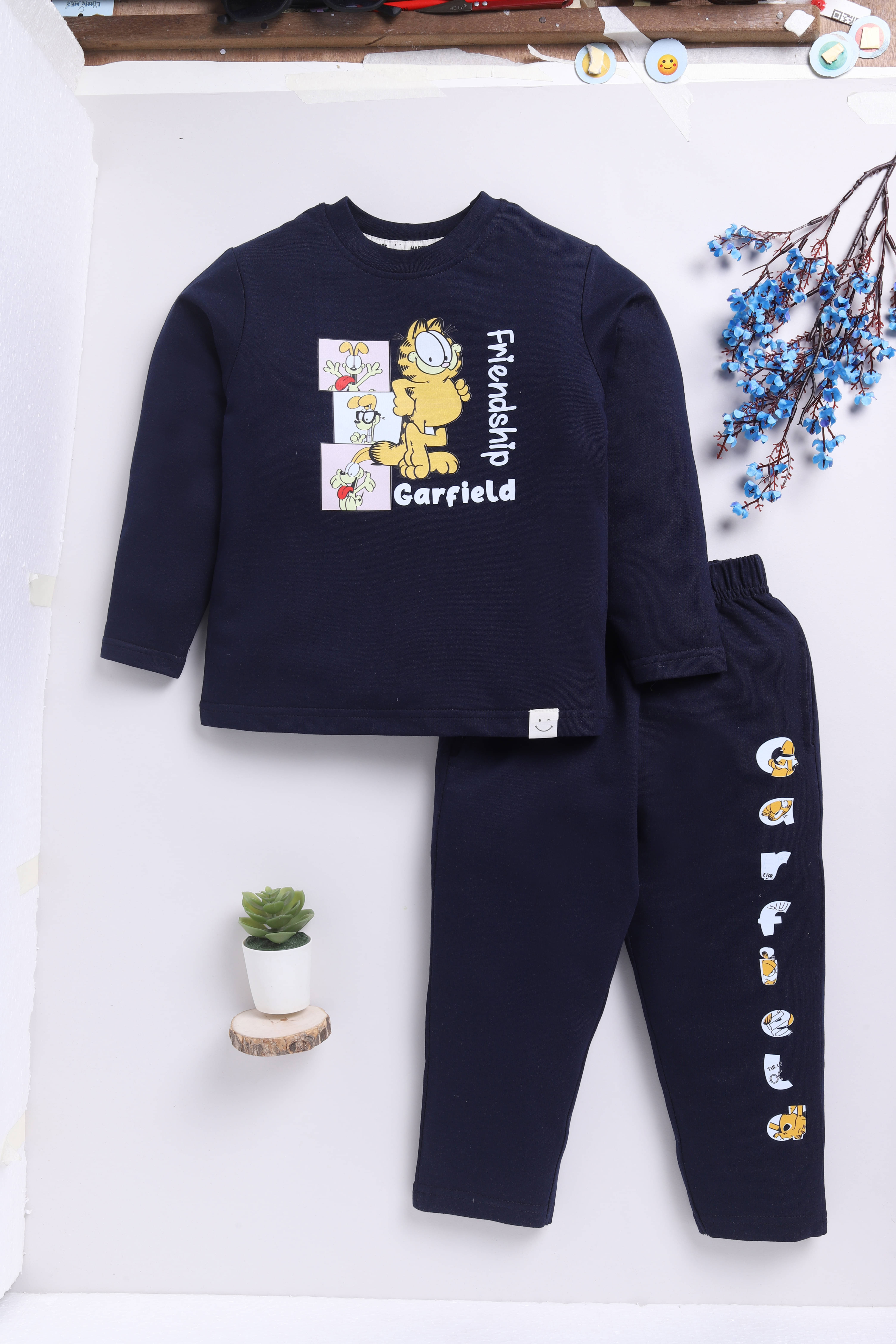     			HAPPY FACES Pack of 1 Boys Cotton T-Shirt & Pants Set ( Navy )