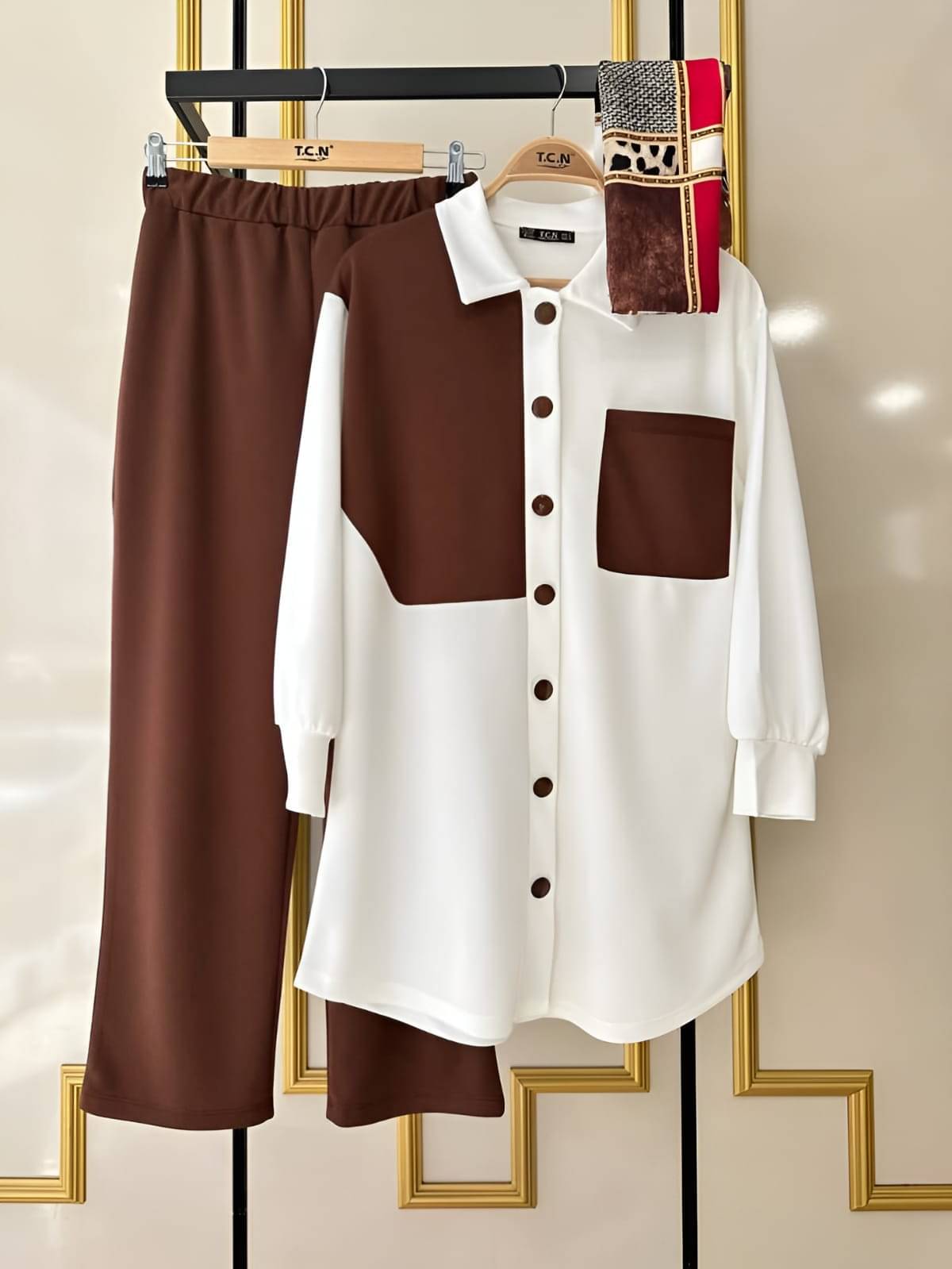     			ITZ Women Self Design Shirt With Palazzos Co-Ord Set ( Brown )