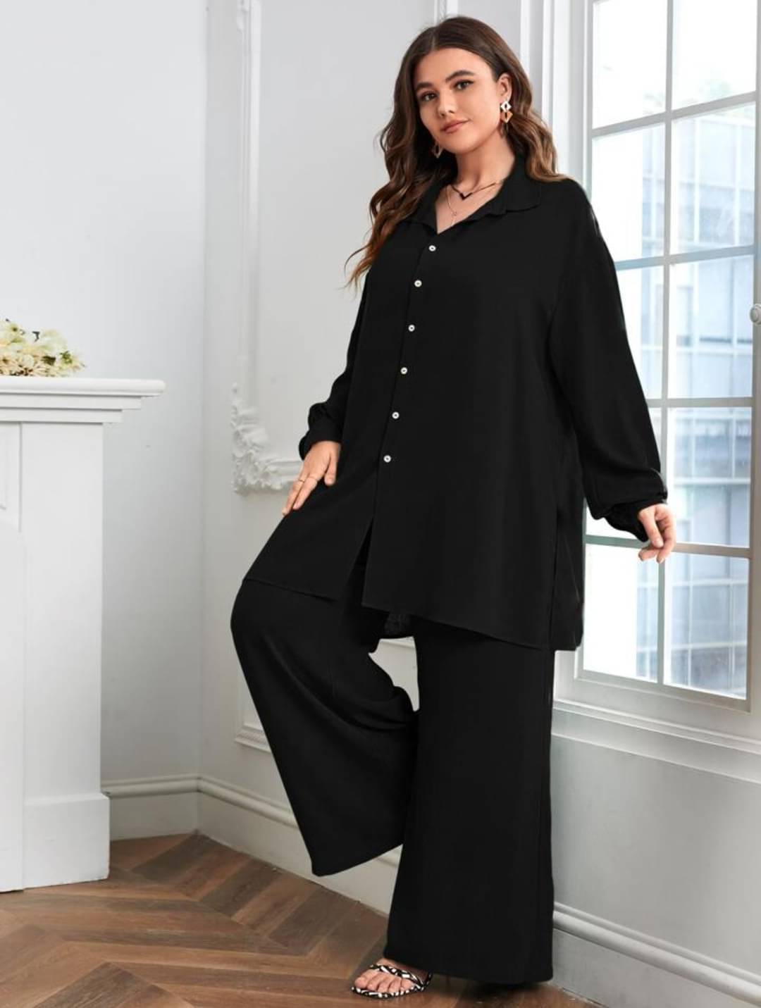     			ITZ Women Self Design Shirt With Palazzos Co-Ord Set ( Black )