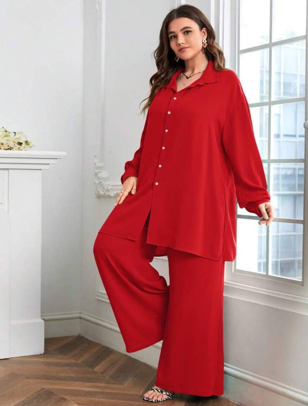     			ITZ Women Solid Shirt With Palazzos Co-Ord Set ( Red )