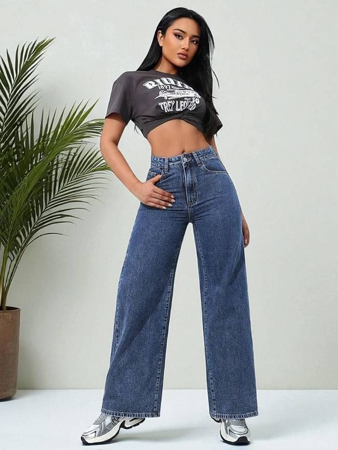     			Italian luxe Women's Wide Leg High-Rise Jeans ( Blue )