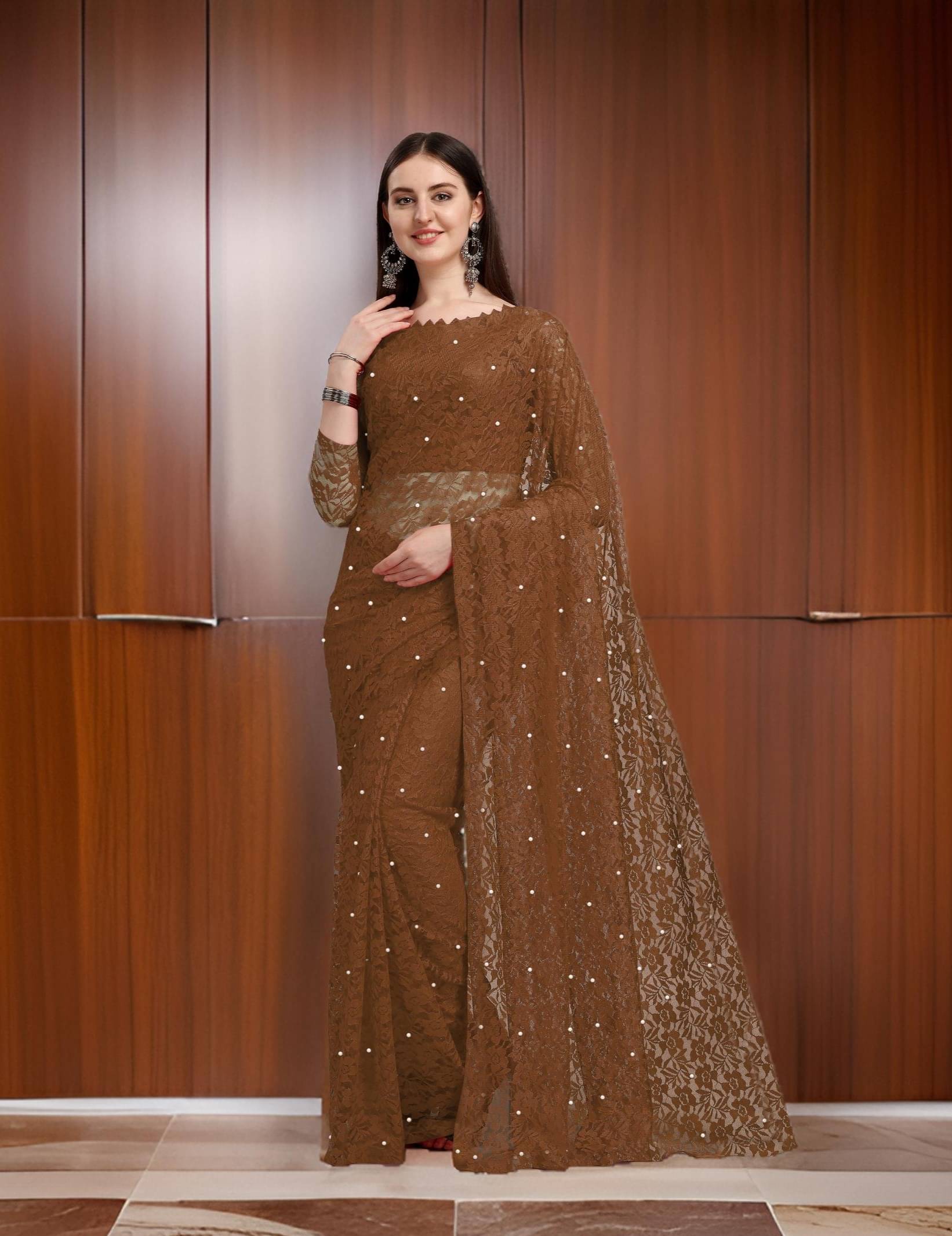     			JENIL FASHAION Net Printed Regular Saree With Unstitched Blouse Piece ( Coffee )