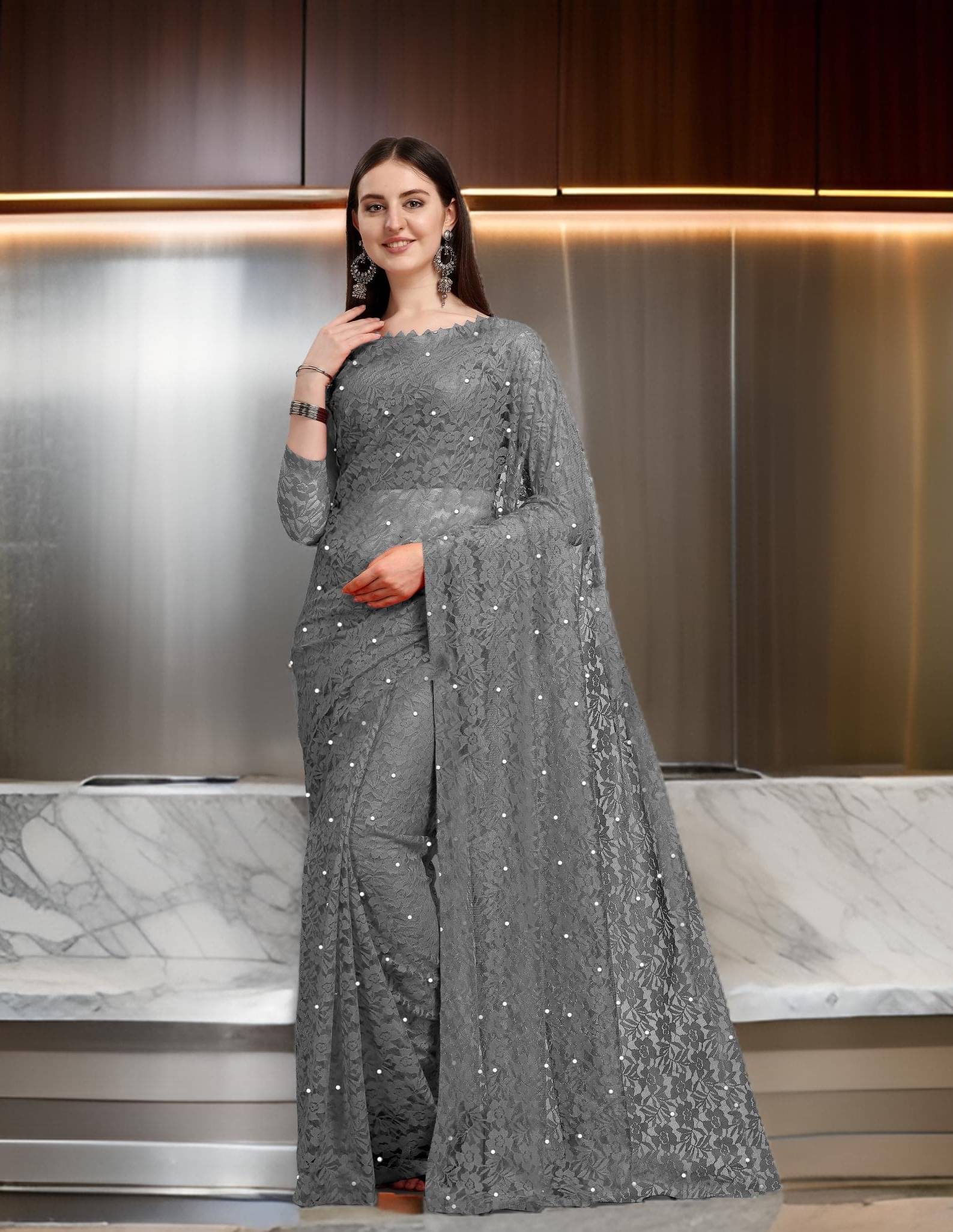 JENIL FASHAION Net Printed Regular Saree With Unstitched Blouse Piece ( Grey ) JENIL FASHAION Net Printed Regular Saree With Unstitched Blouse Piece ( Grey )