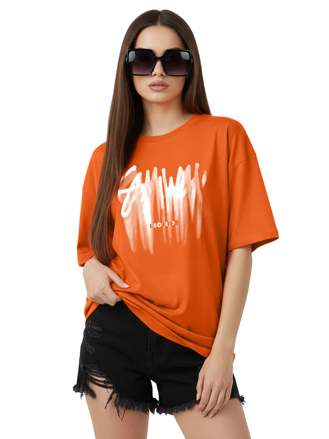     			Leotude Women Cotton Blend Printed Oversized Fit Round Neck T-Shirt ( Orange )