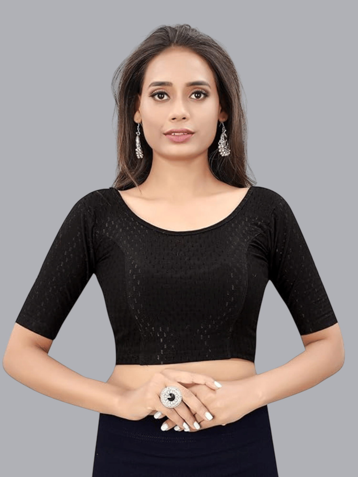 MAATE Lycra Readymade without Pad Round Neck Women's Blouse ( Black )