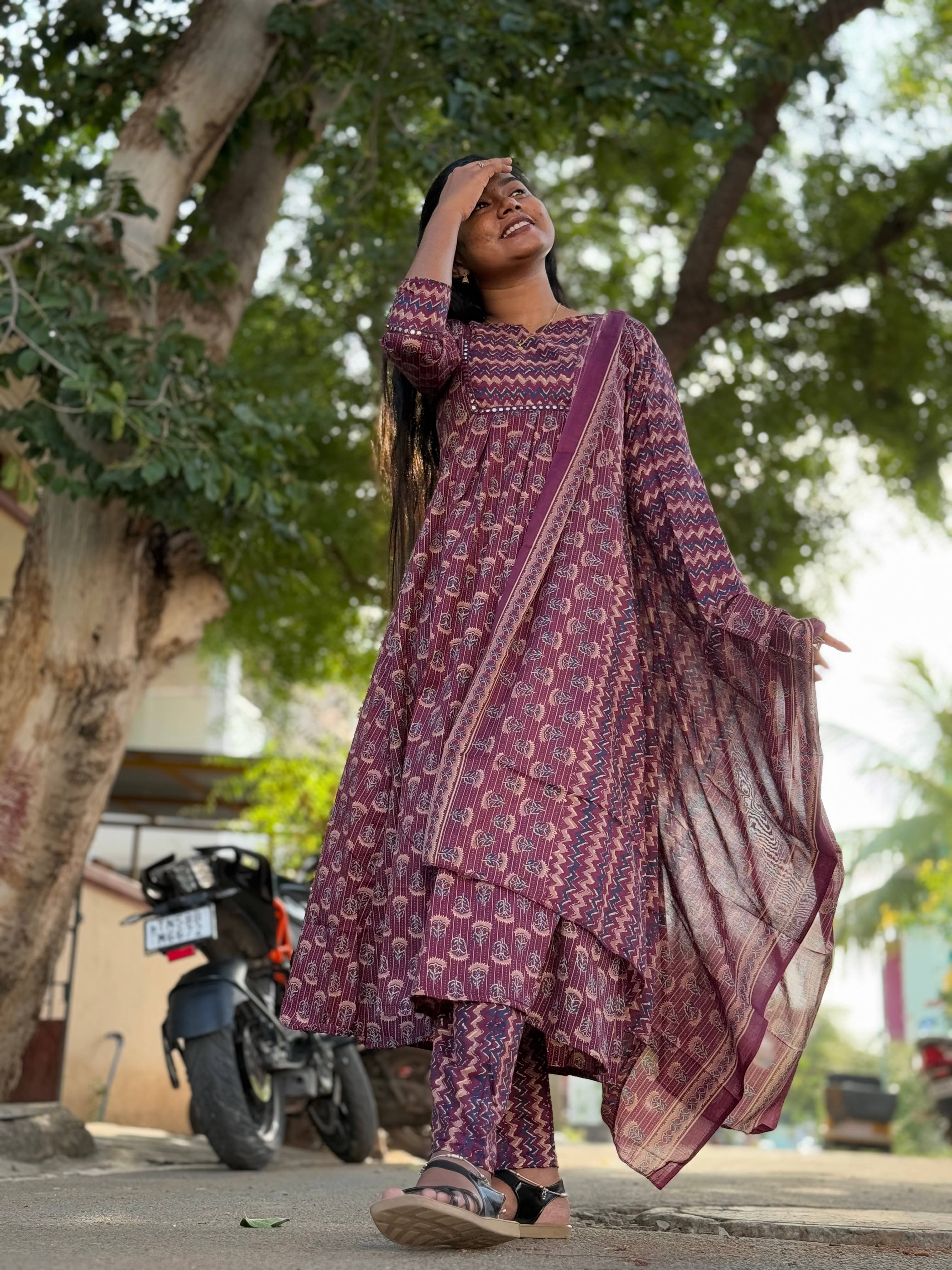     			MERIRA Women Cotton Blend Printed A-line Kurti With Pants ( Wine )