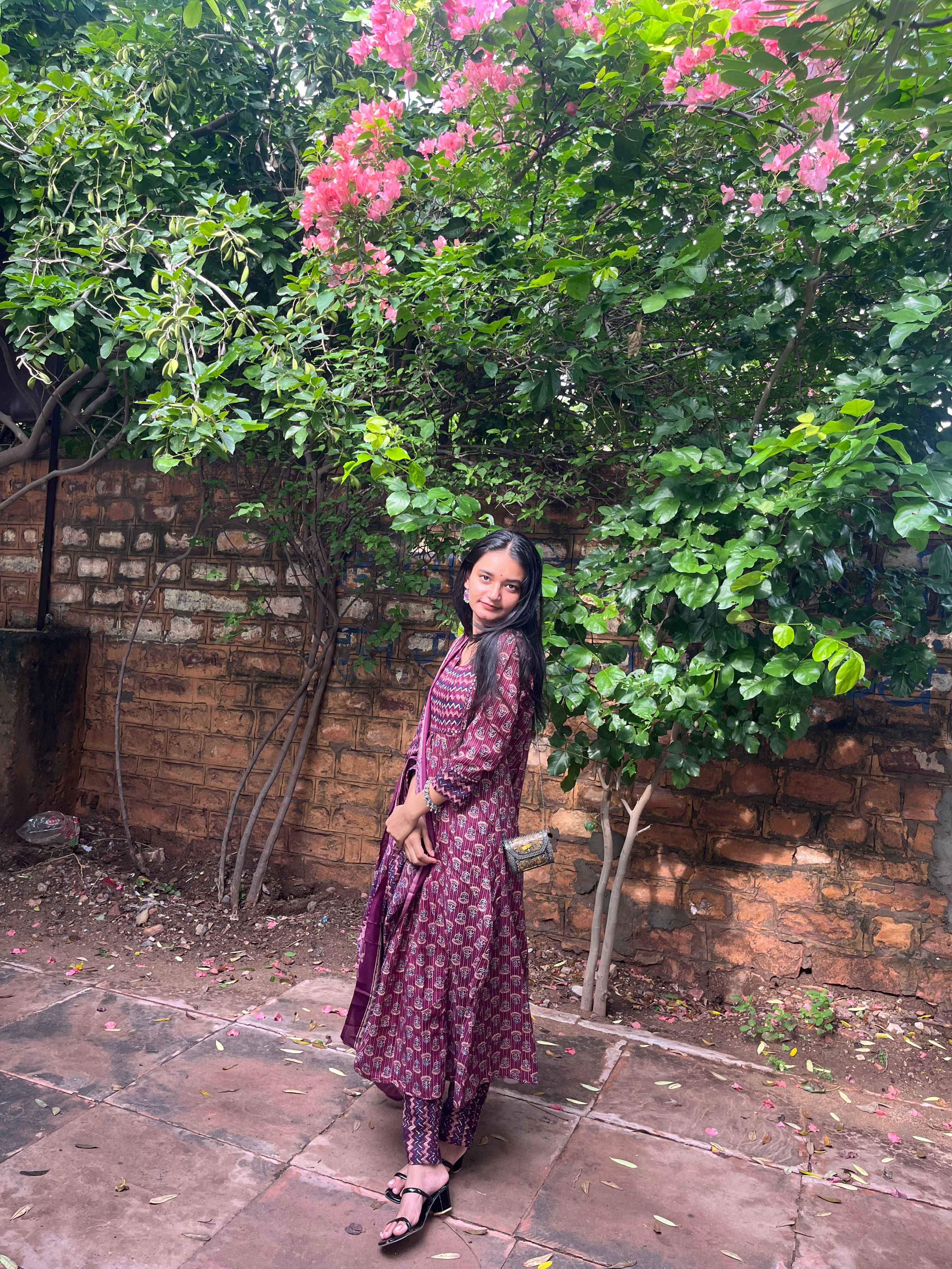     			MERIRA Women Cotton Blend Printed A-line Kurti With Pants ( Wine )