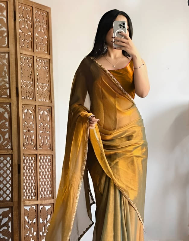     			Madhav Art Chiffon Embroidered Regular Saree With Unstitched Blouse Piece ( Gold )
