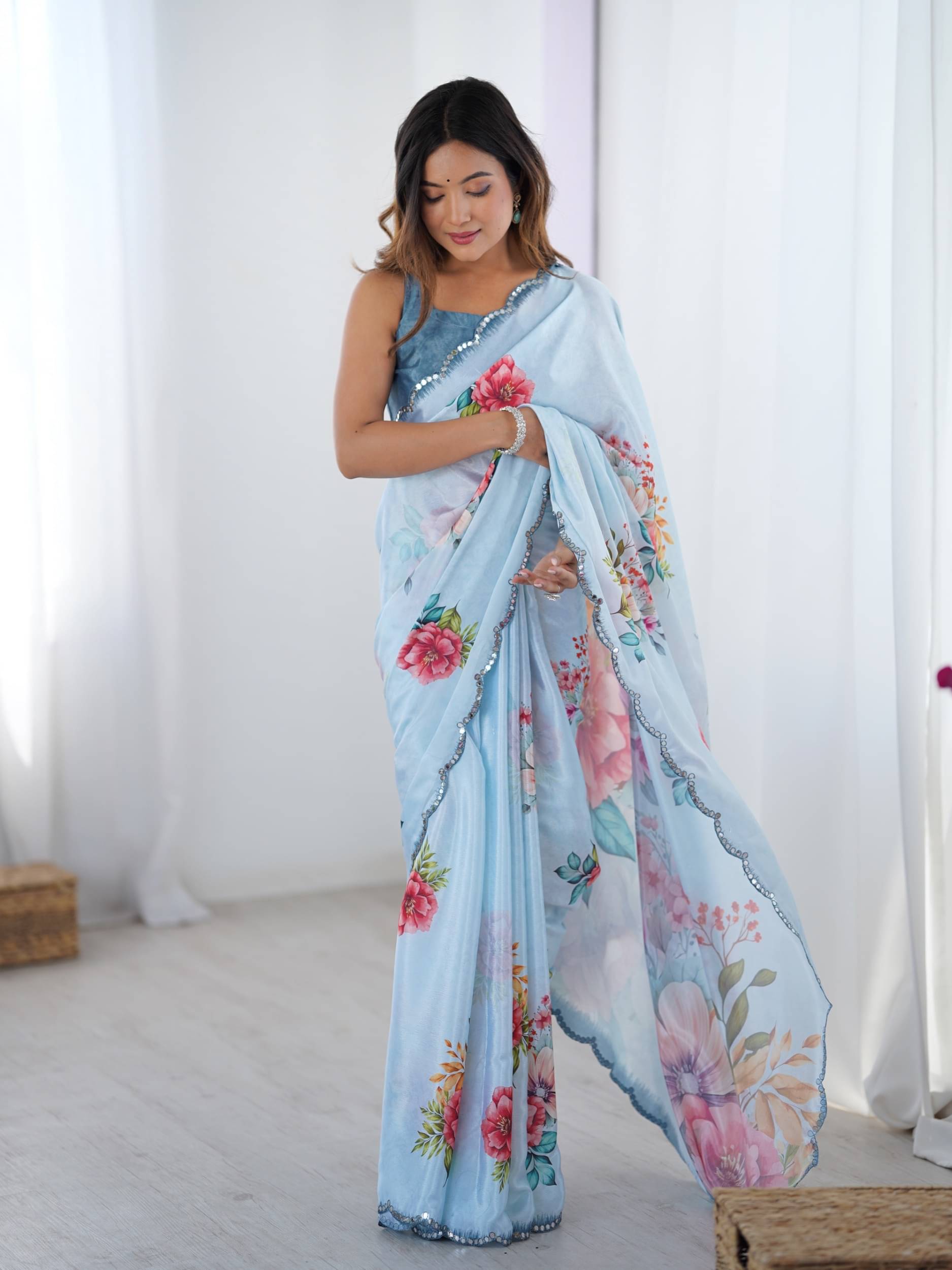     			PANZORA Chiffon Solid Regular Saree Without Blouse Piece ( Blue )
