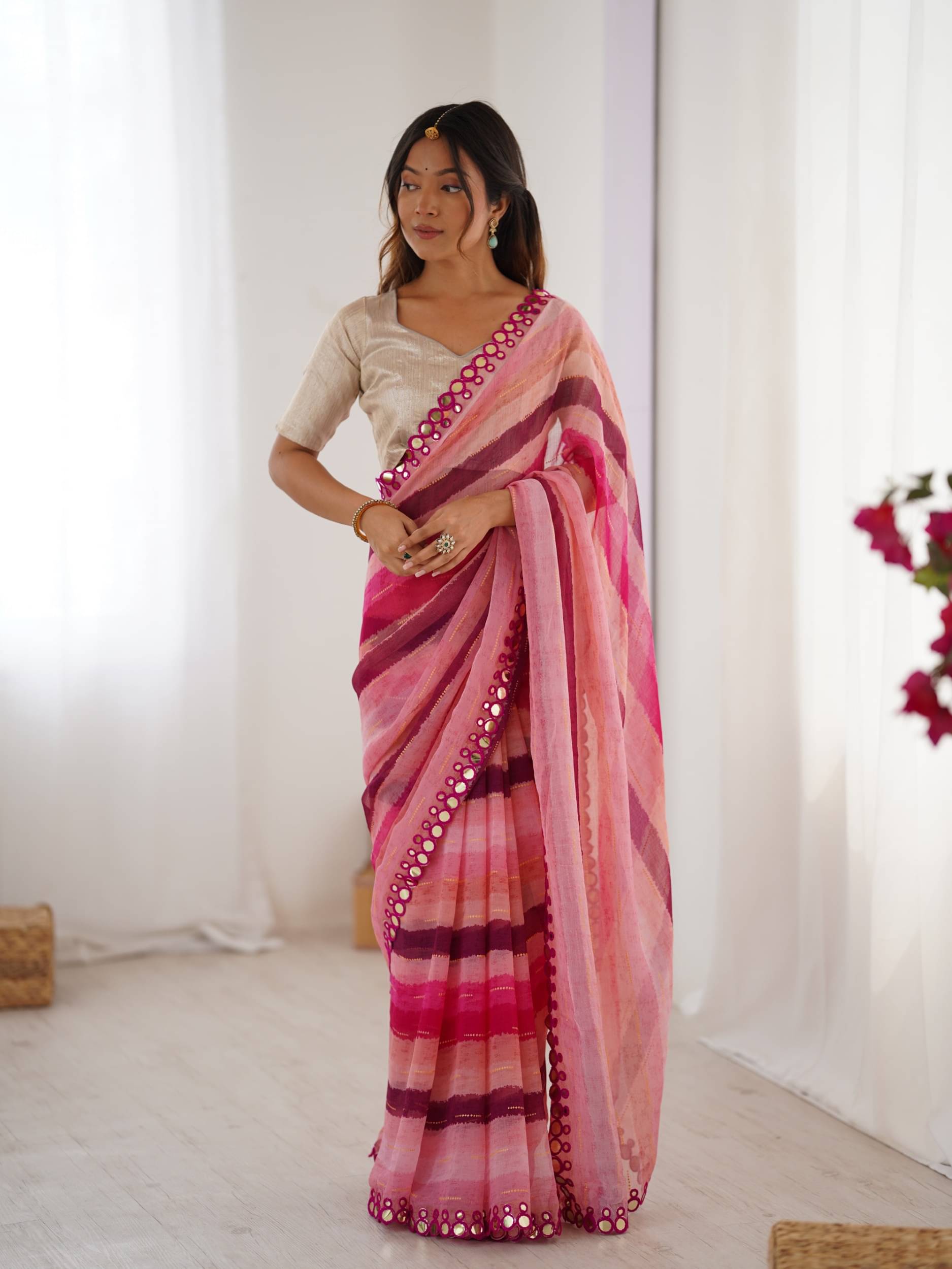 PANZORA Chiffon Striped Regular Saree Without Blouse Piece ( Pink )     			PANZORA Chiffon Striped Regular Saree Without Blouse Piece ( Pink )