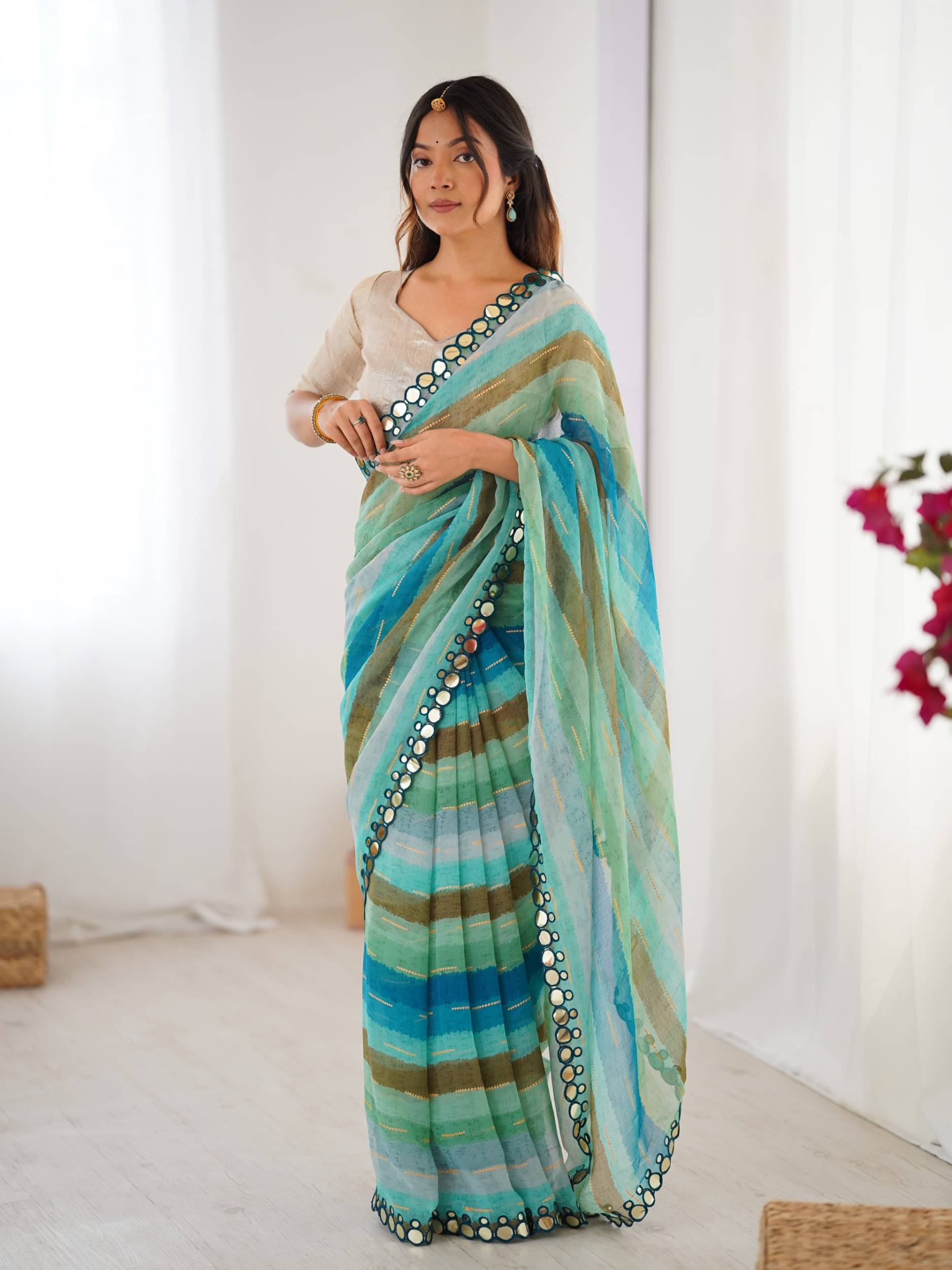     			PANZORA Chiffon Striped Regular Saree Without Blouse Piece ( Blue )