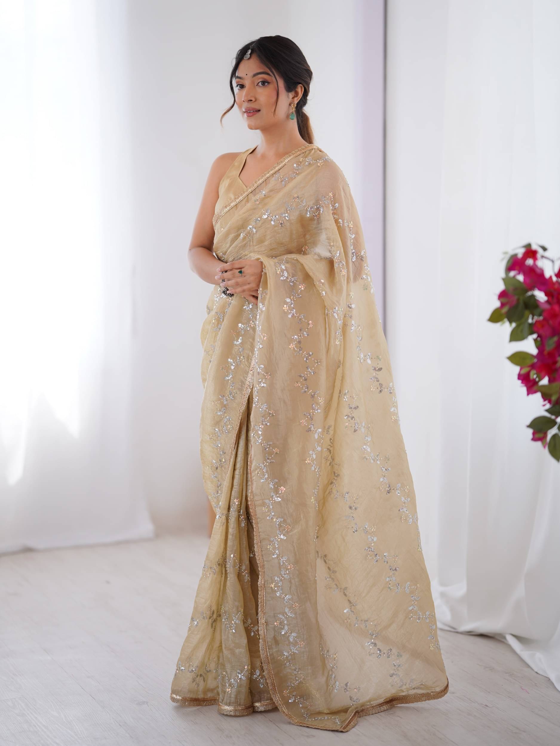 PANZORA Georgette Solid Regular Saree Without Blouse Piece ( Cream ) PANZORA Georgette Solid Regular Saree Without Blouse Piece ( Cream )