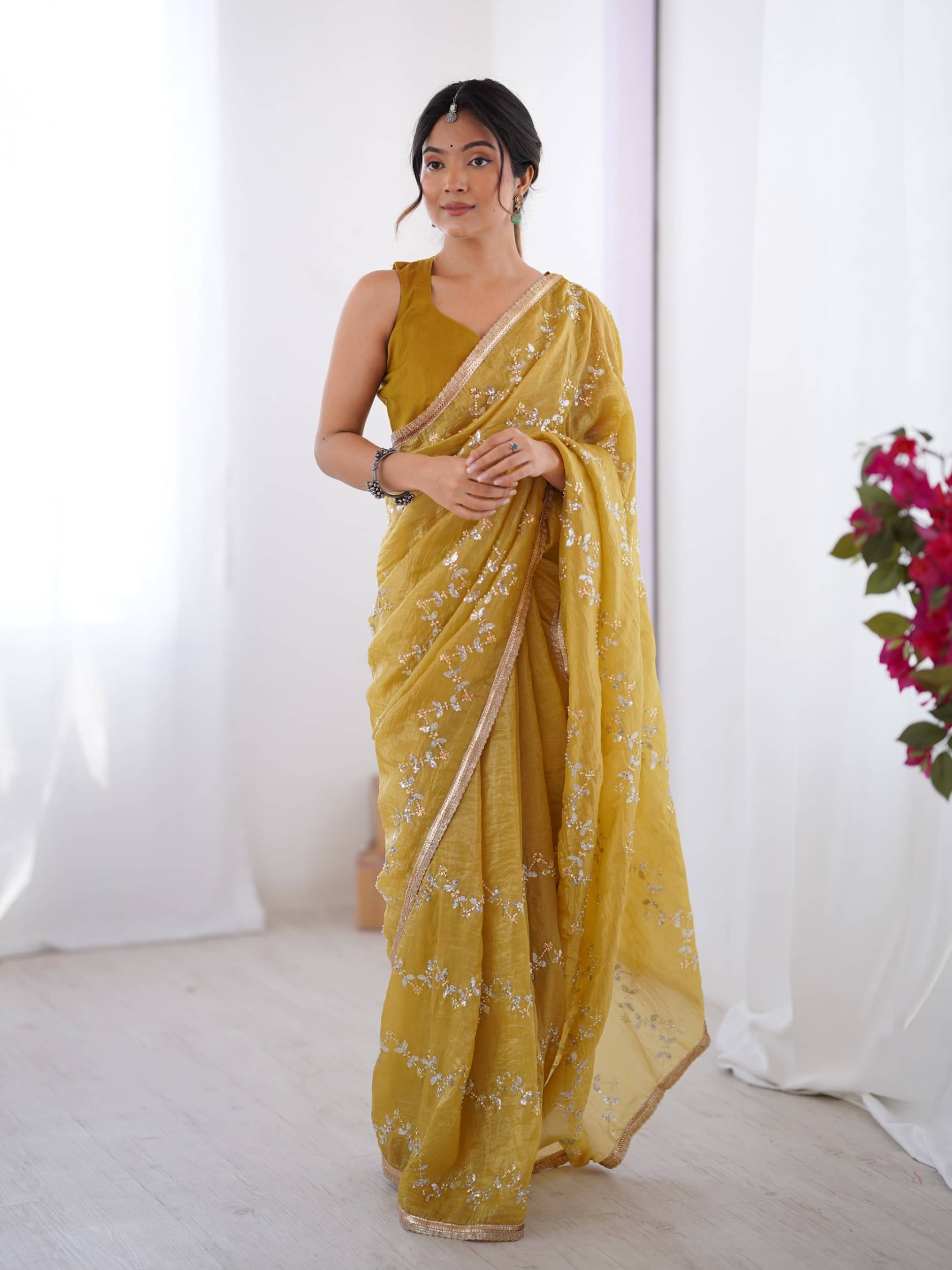     			PANZORA Georgette Solid Regular Saree Without Blouse Piece ( Mustard )