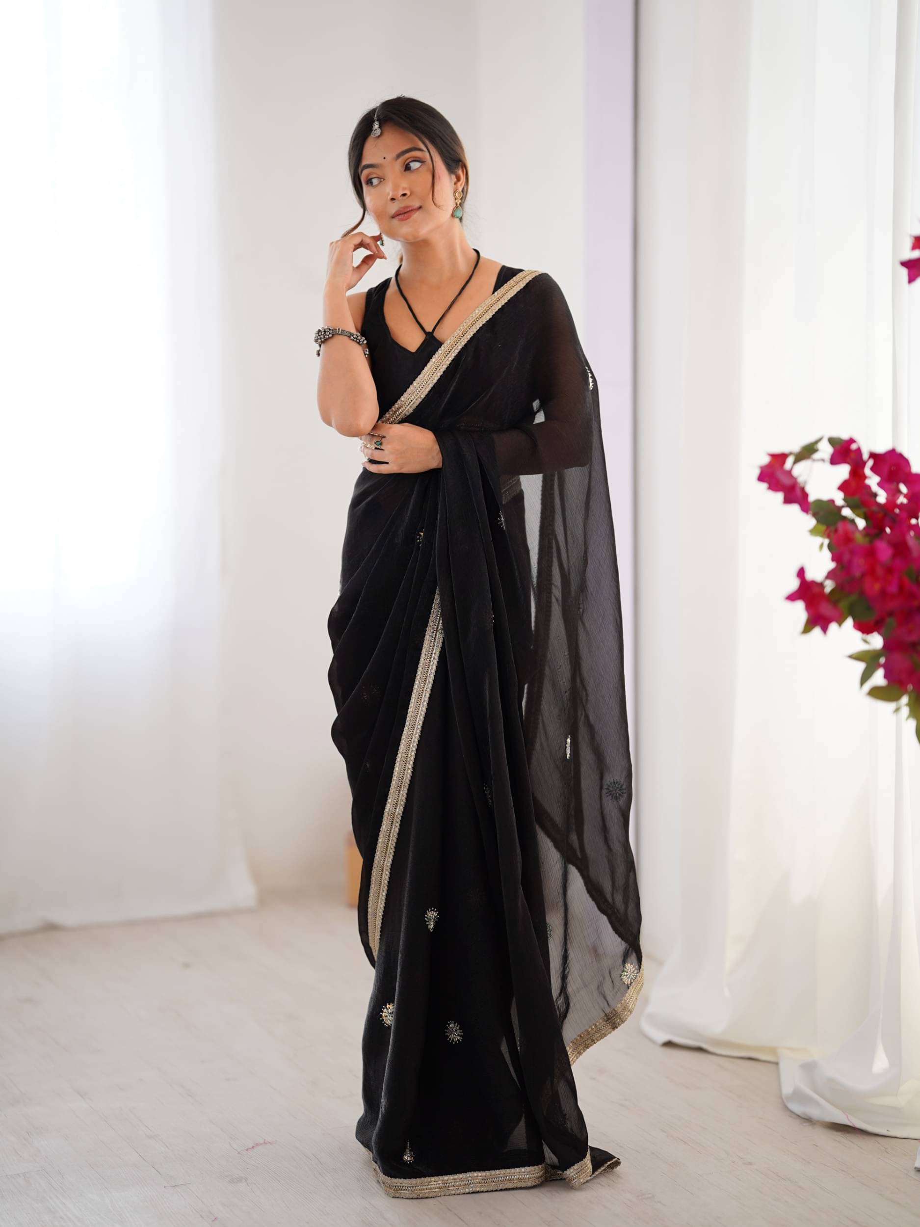     			PANZORA Georgette Solid Regular Saree Without Blouse Piece ( Black )