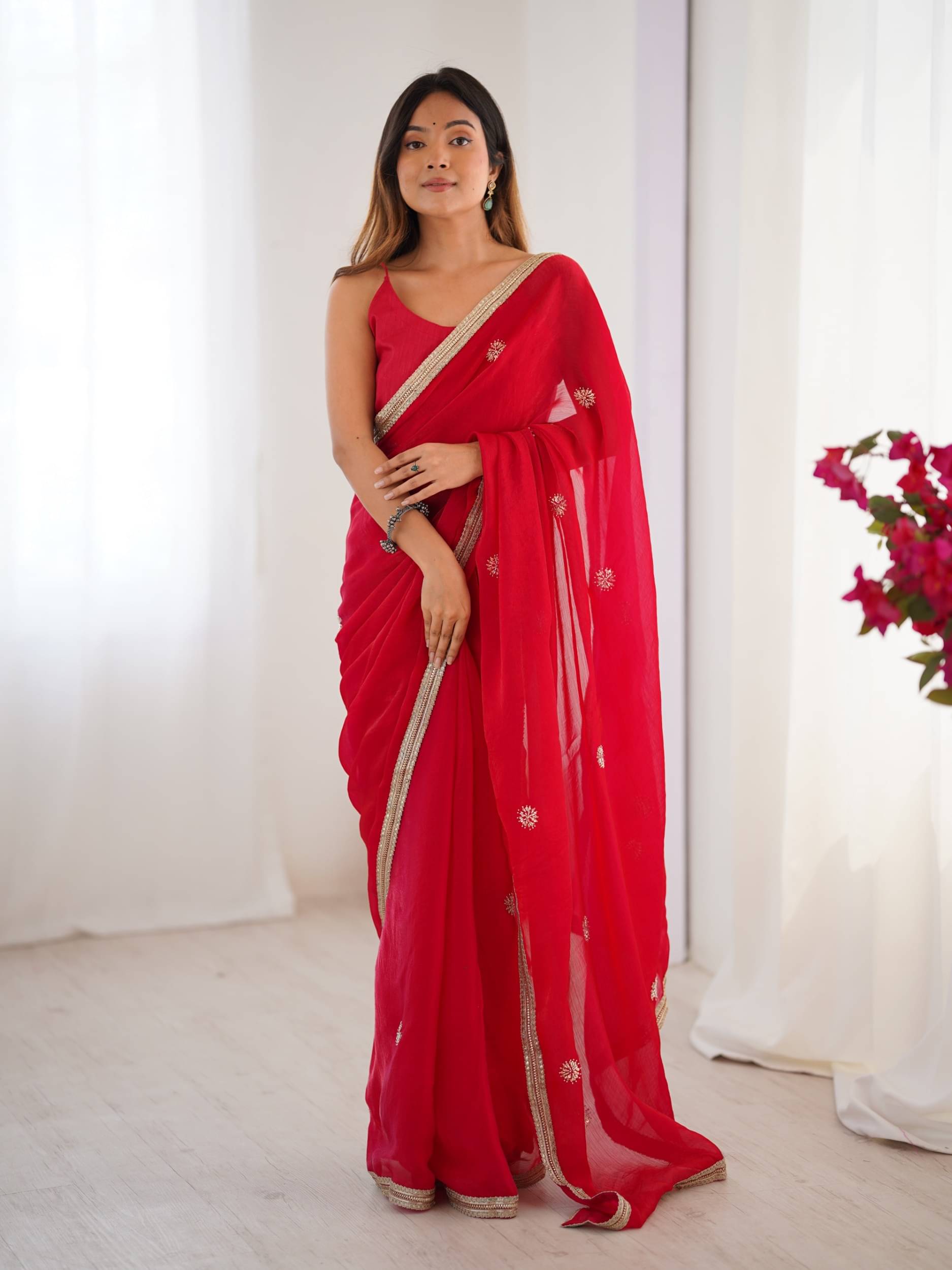     			PANZORA Georgette Solid Regular Saree Without Blouse Piece ( Red )