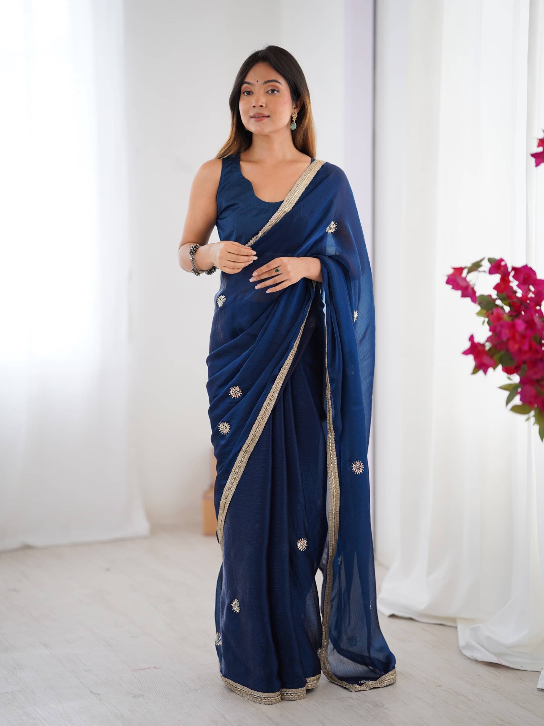     			PANZORA Georgette Solid Regular Saree Without Blouse Piece ( Blue )