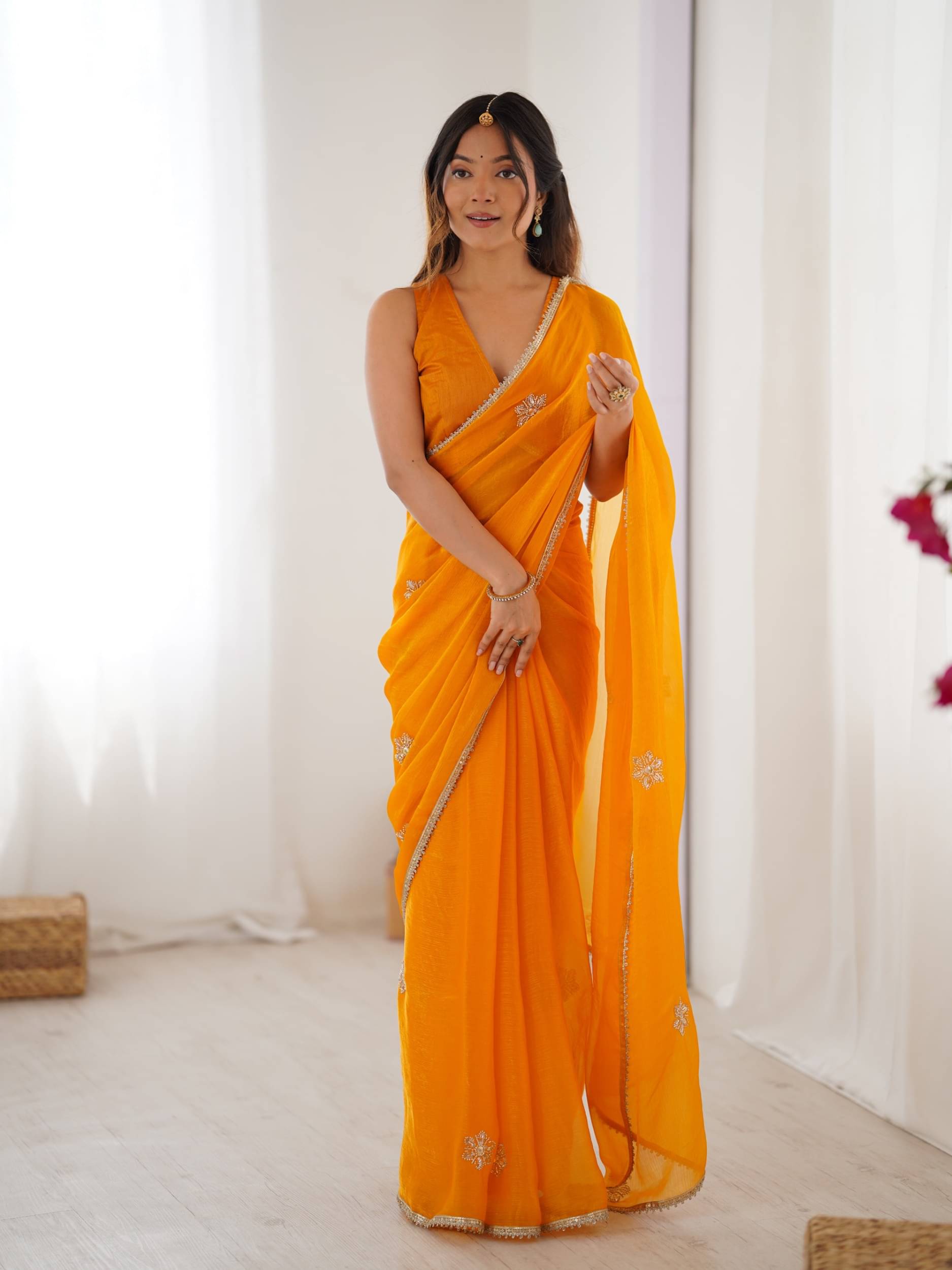     			PANZORA Georgette Solid Regular Saree Without Blouse Piece ( Orange )