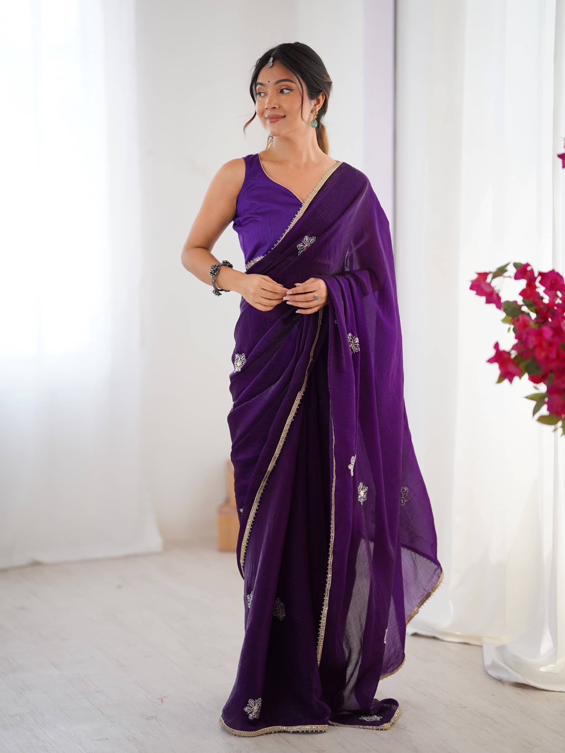     			PANZORA Georgette Solid Regular Saree Without Blouse Piece ( Purple )