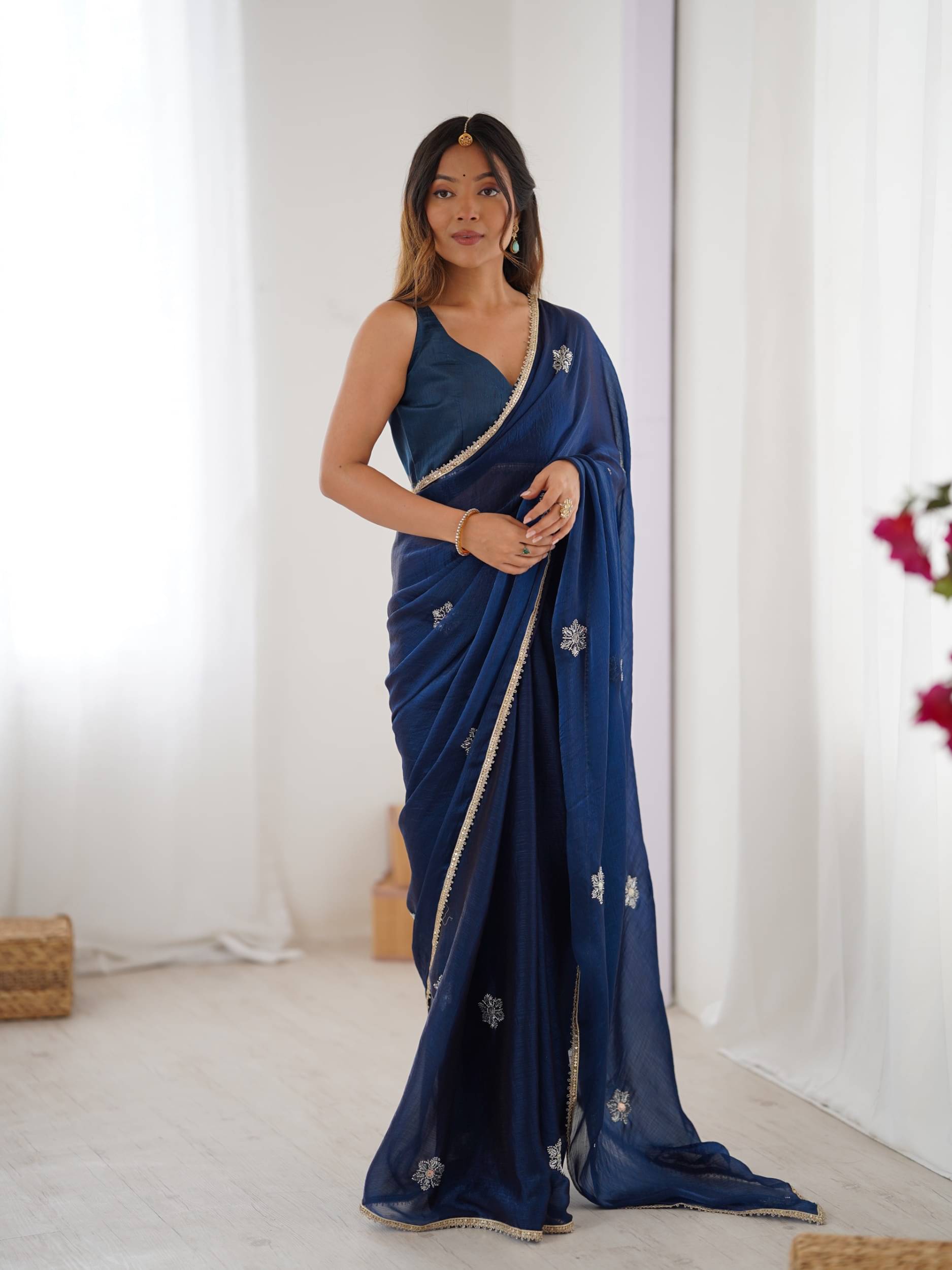 PANZORA Georgette Solid Regular Saree Without Blouse Piece ( Blue ) PANZORA Georgette Solid Regular Saree Without Blouse Piece ( Blue )