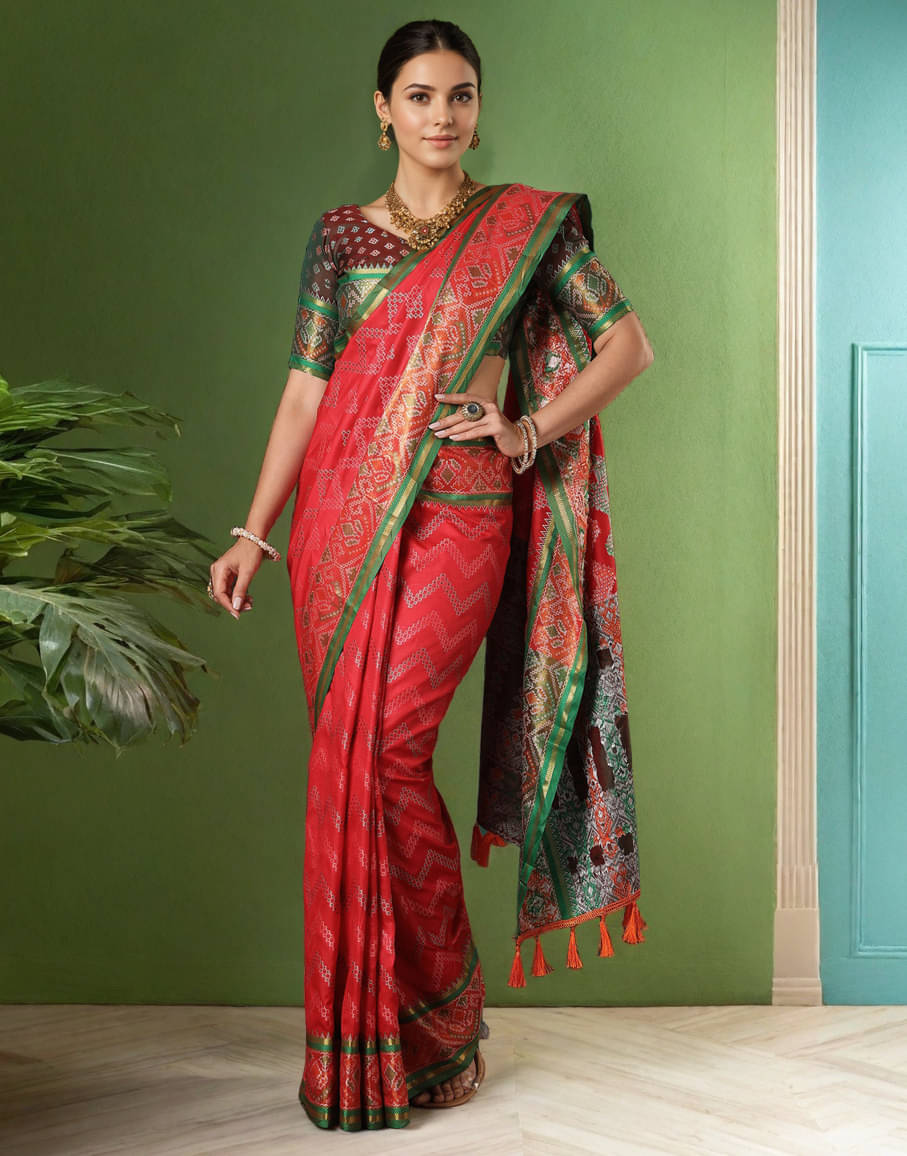     			PANZORA Silk Solid Regular Saree Without Blouse Piece ( Red )