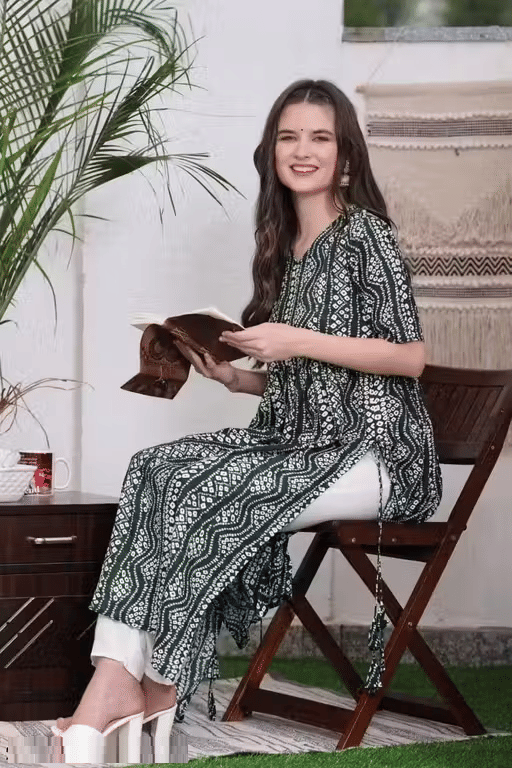 PITAMBARA CREATION Women Cotton Printed Nayra Kurti ( Green )     			PITAMBARA CREATION Women Cotton Printed Nayra Kurti ( Green )