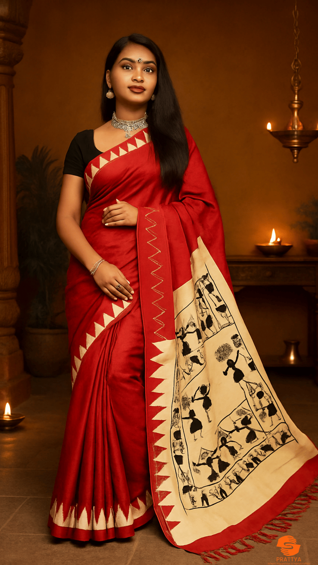     			PRATTYA Cotton Blend Printed Regular Saree With Unstitched Blouse Piece ( Maroon,Cream,Black )
