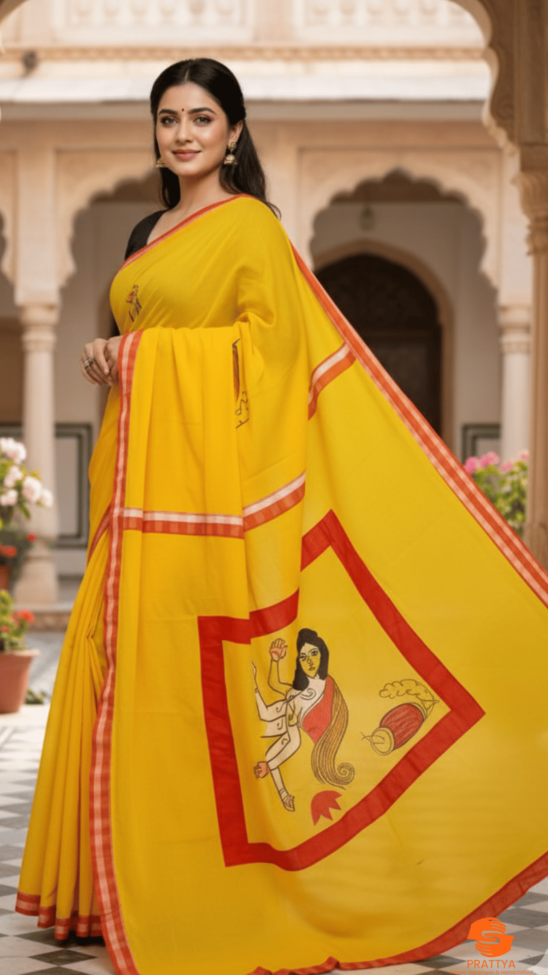     			PRATTYA Cotton Blend Printed Regular Saree With Unstitched Blouse Piece ( Yellow,Red )