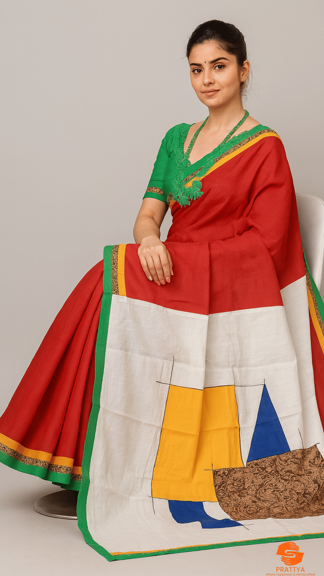     			PRATTYA Cotton Blend Self Design Regular Saree With Unstitched Blouse Piece ( Red,Green,White )