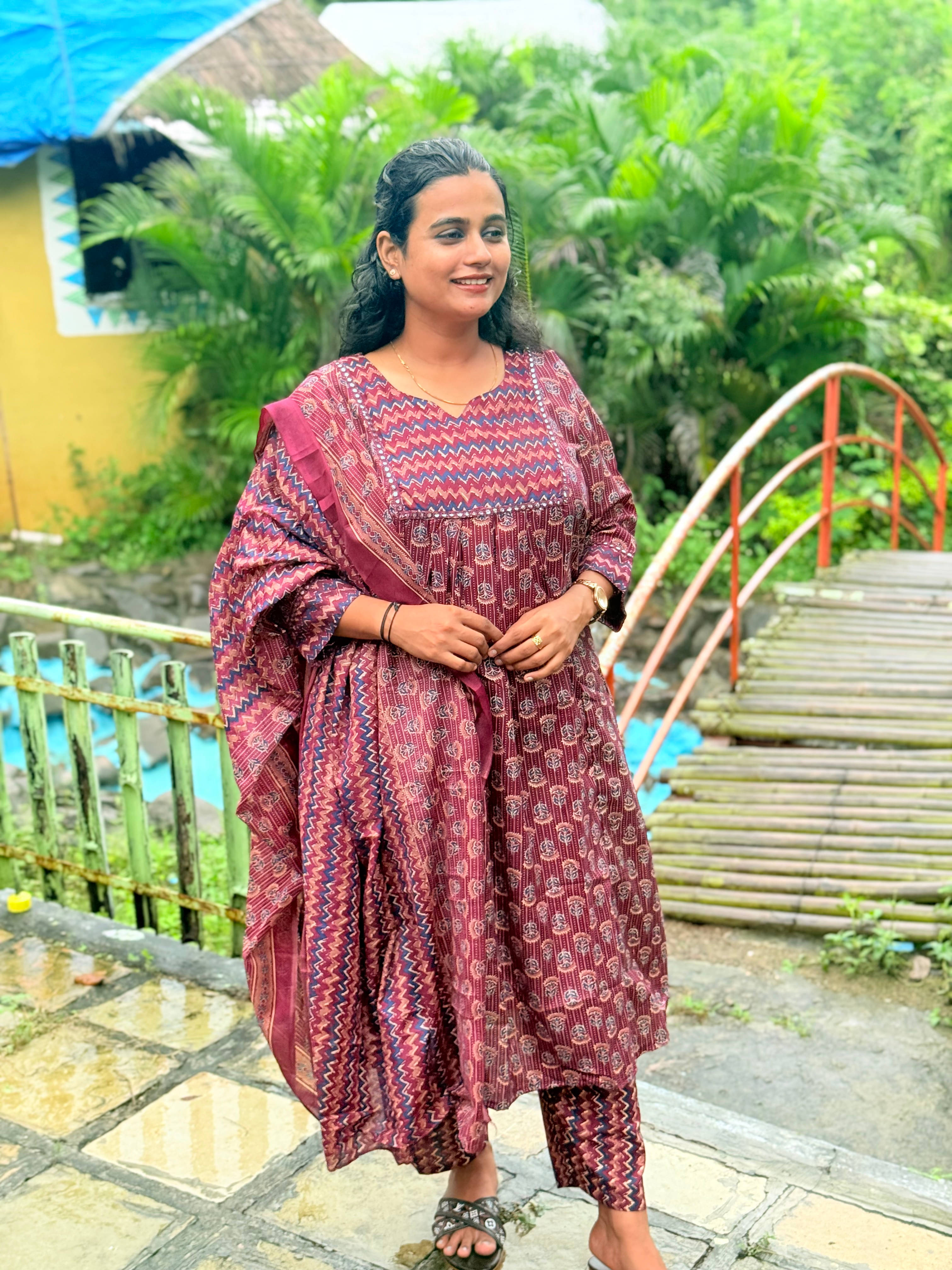 ROLYPOLY Women Cotton Blend Printed A-line Kurti With Pants ( Wine ) ROLYPOLY Women Cotton Blend Printed A-line Kurti With Pants ( Wine )