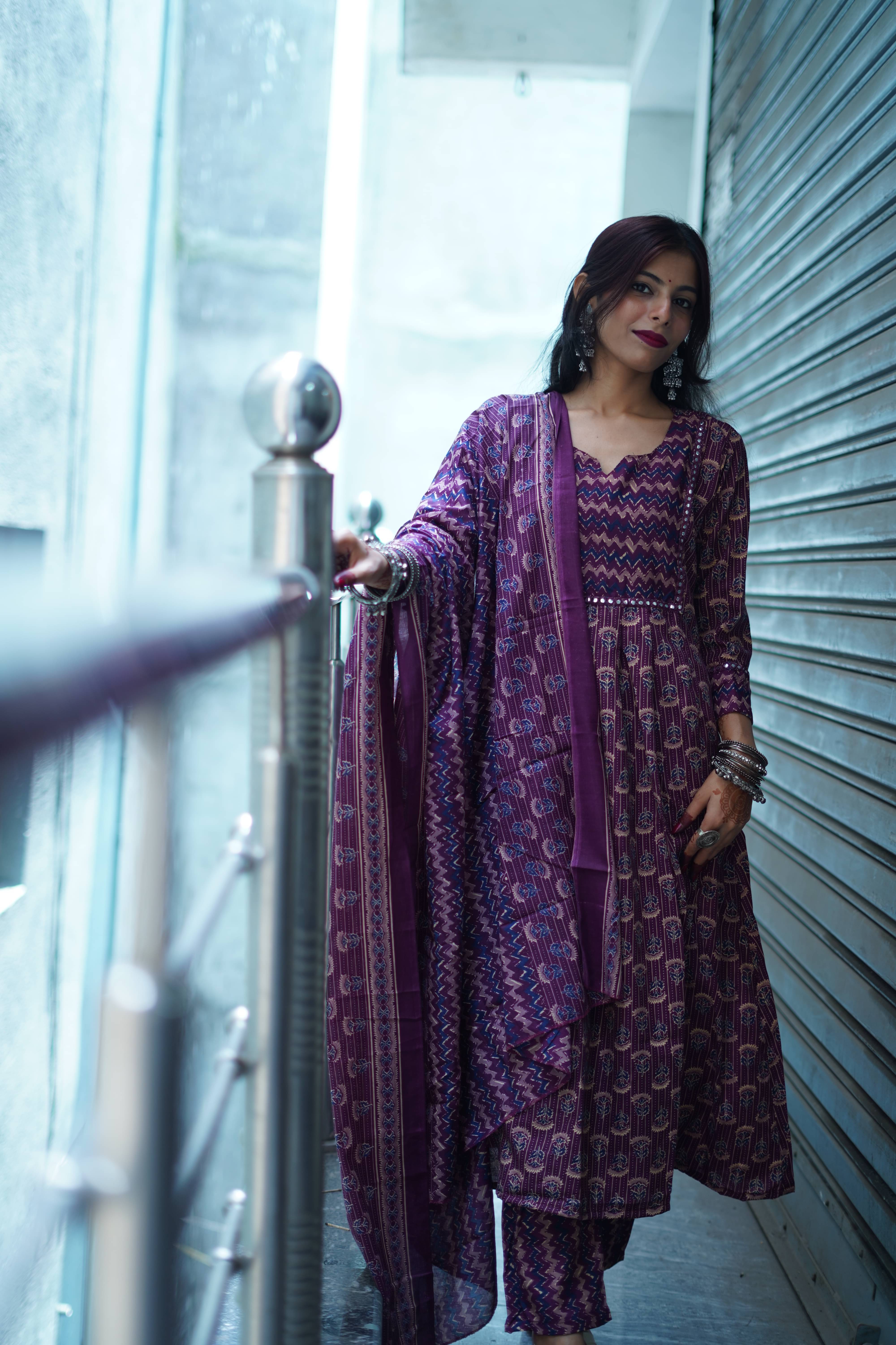     			ROLYPOLY Women Cotton Blend Printed A-line Kurti With Pants ( Wine )