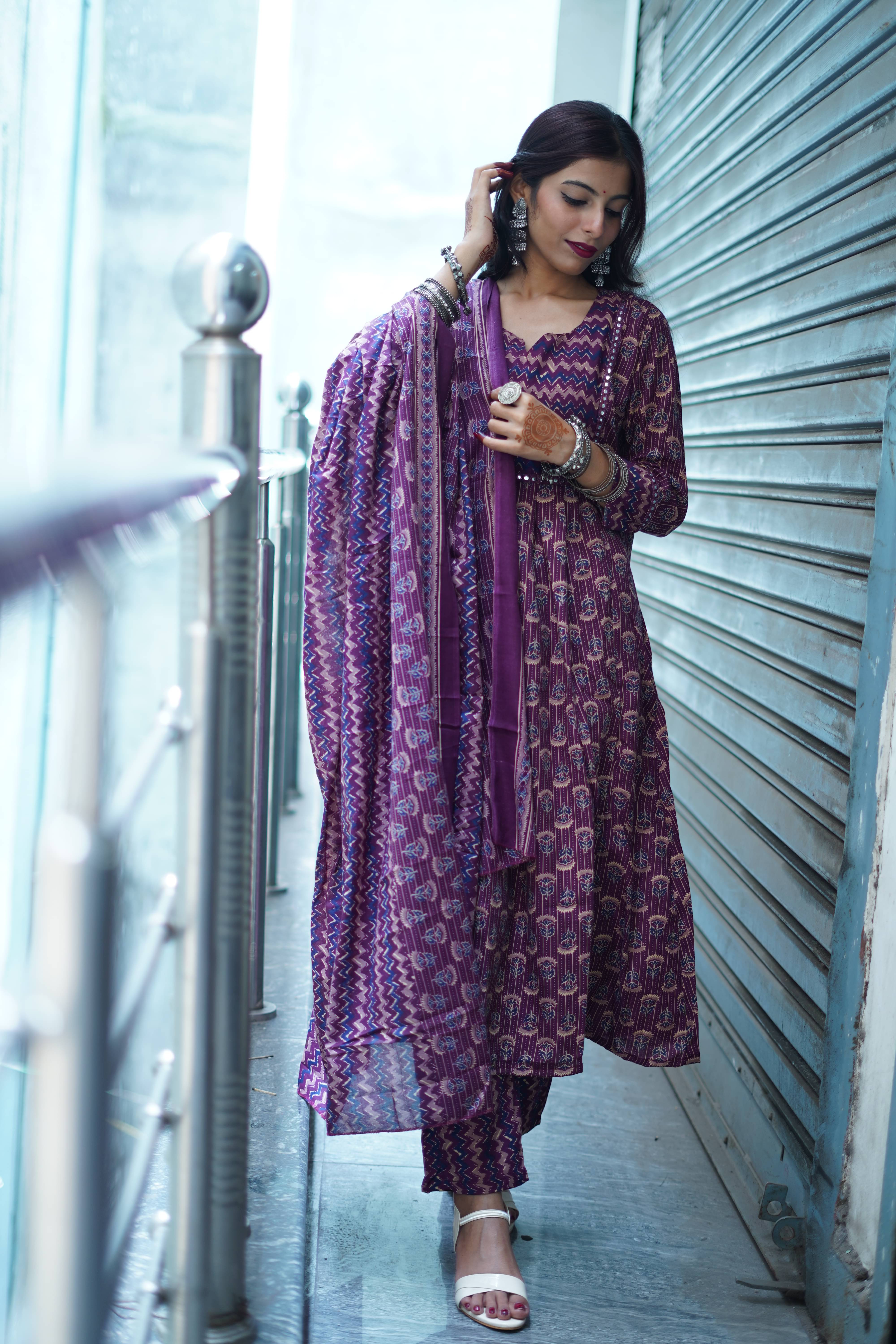     			ROLYPOLY Women Cotton Blend Printed A-line Kurti With Pants ( Wine )