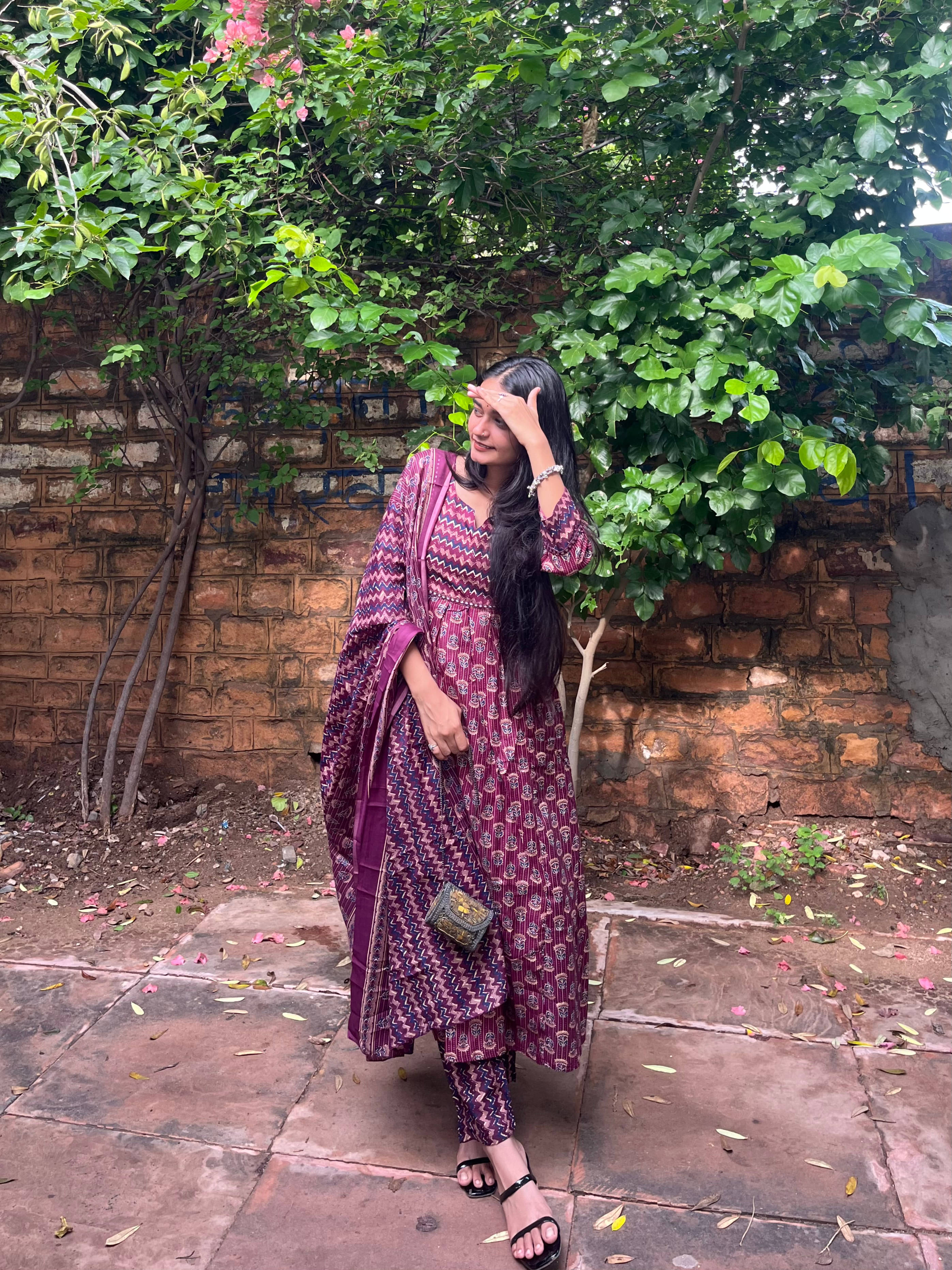     			Rajnandini Women Cotton Blend Printed A-line Kurti With Pants ( Wine )