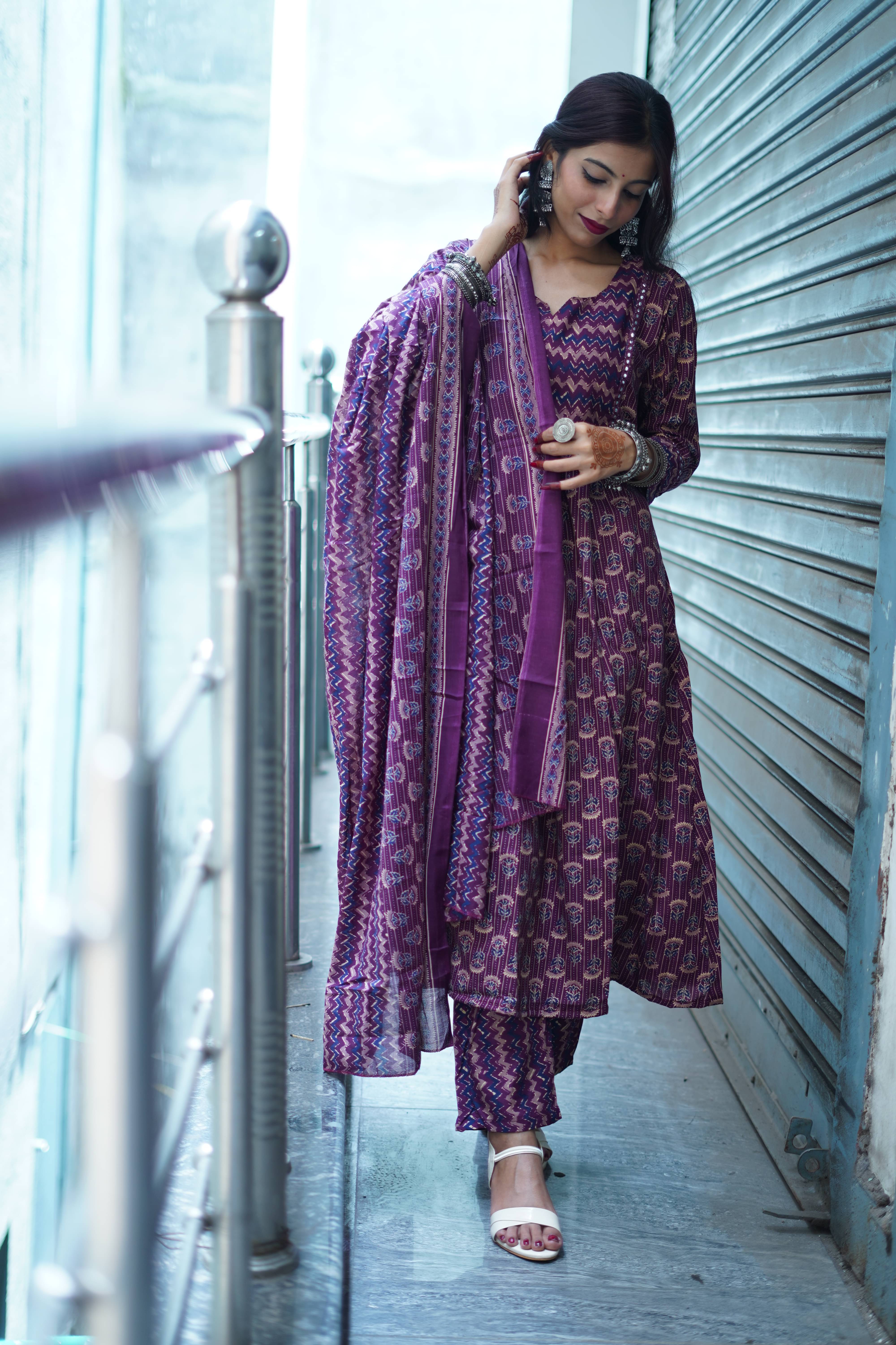     			Rajnandini Women Cotton Blend Printed A-line Kurti With Pants ( Wine )