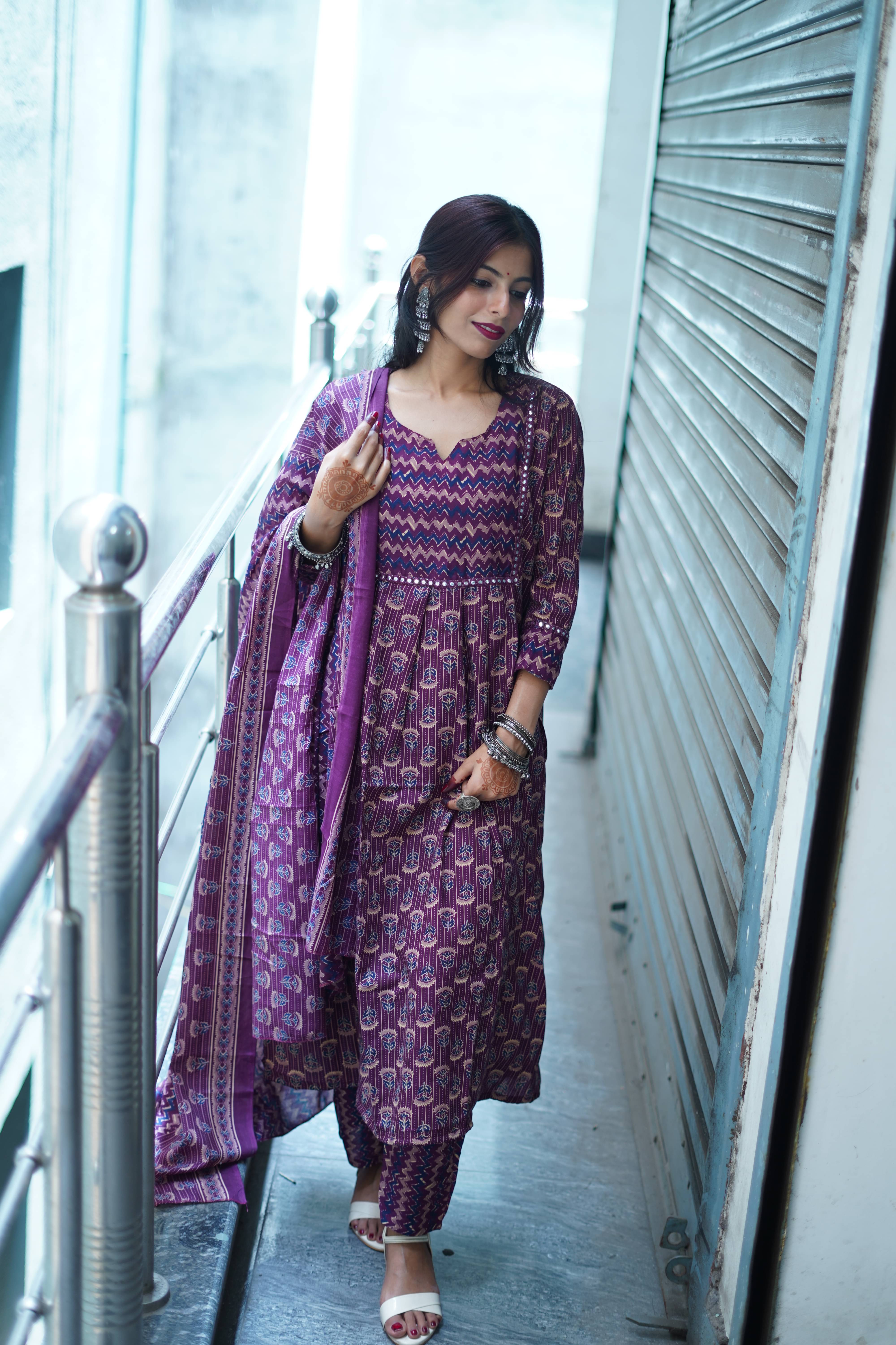     			Rajnandini Women Cotton Blend Printed A-line Kurti With Pants ( Wine )