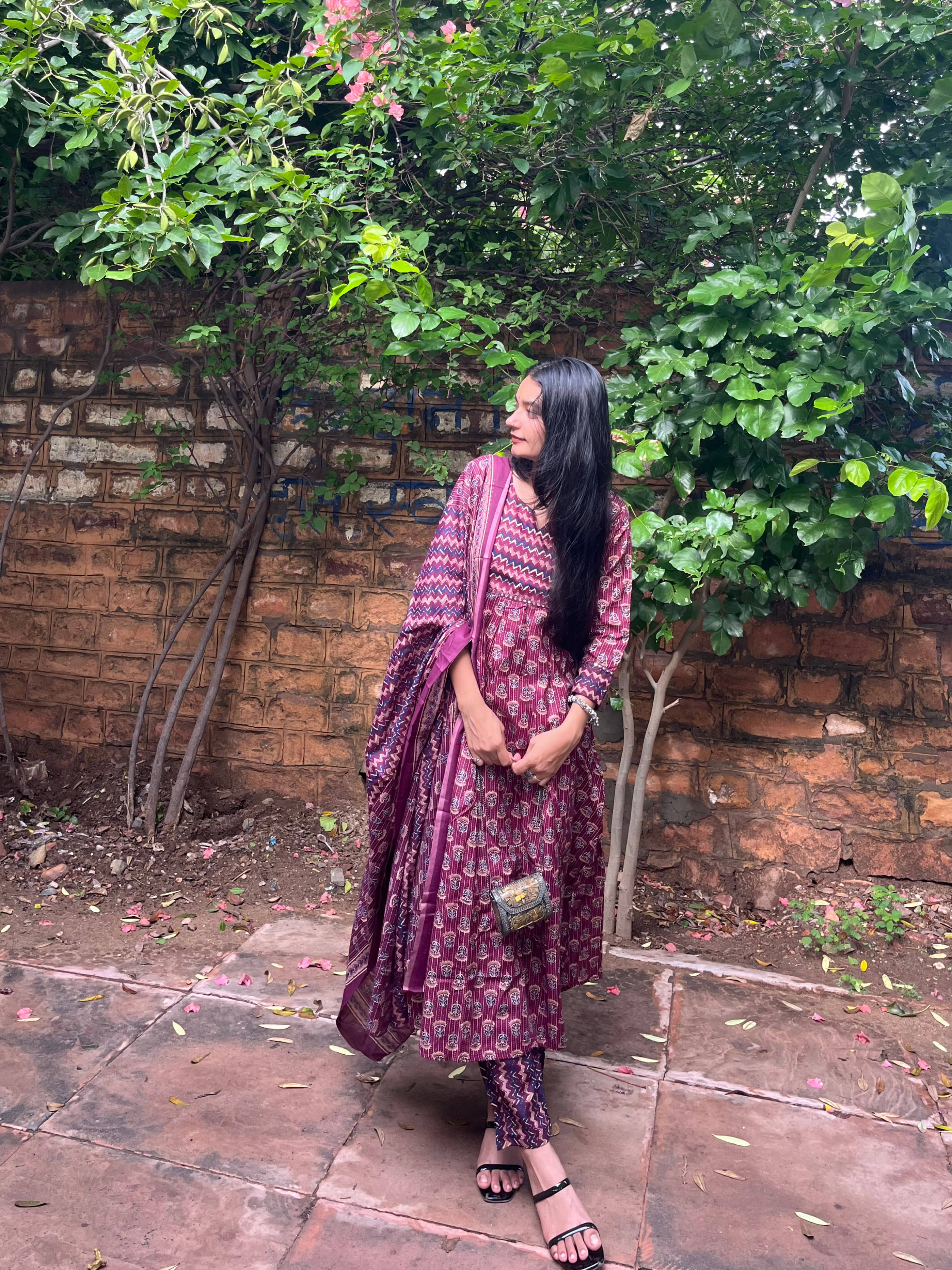     			Rajnandini Women Cotton Blend Printed A-line Kurti With Pants ( Wine )